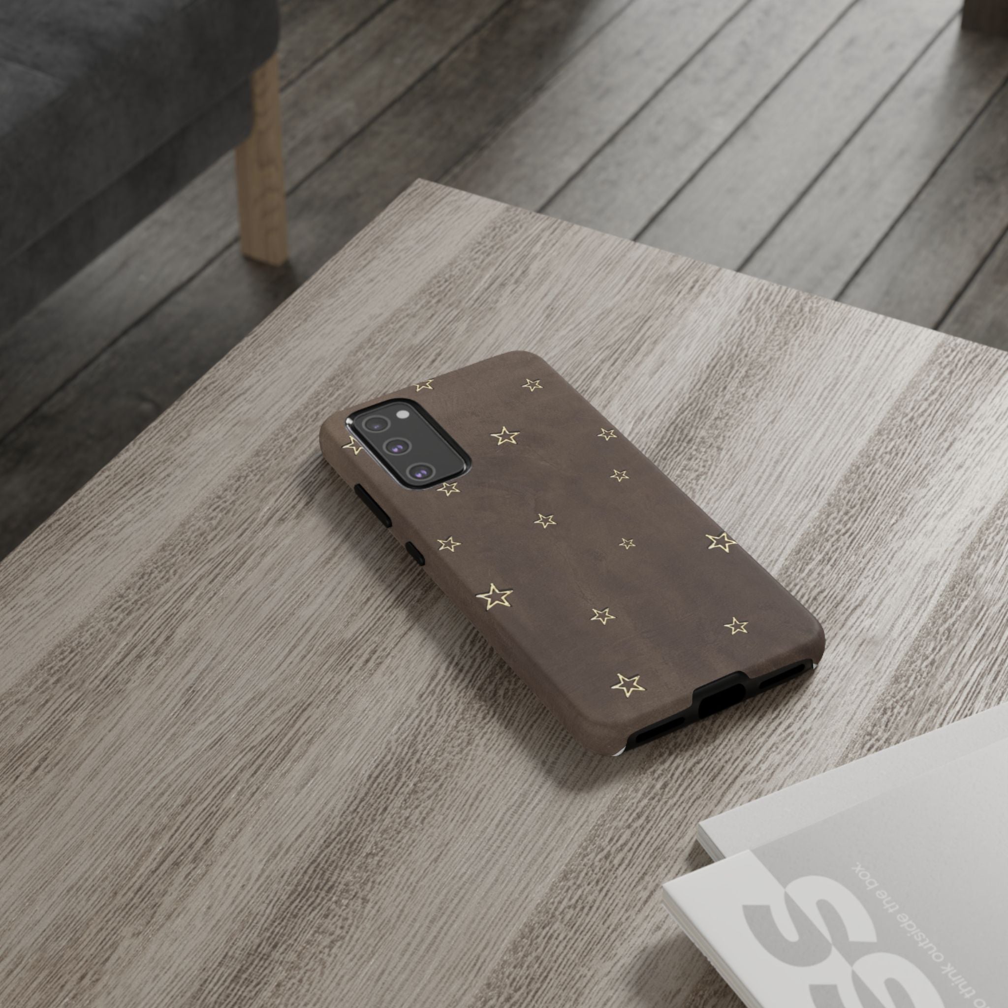 Brown Star Pattern Tough Phone Case – Rugged Leather-Look Protection