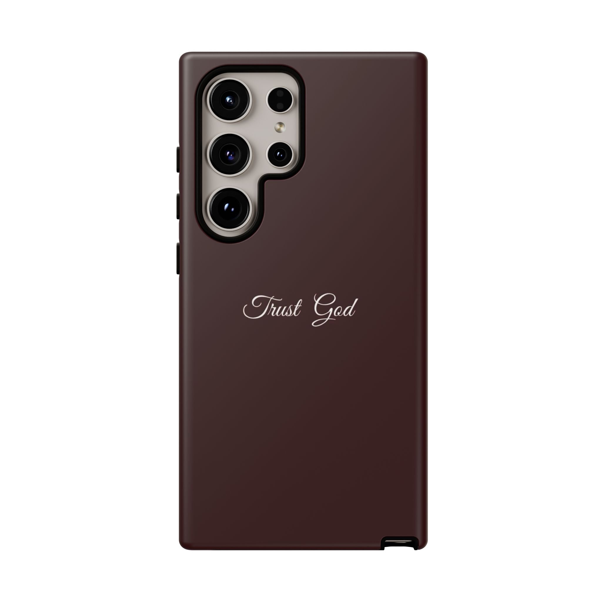 Trust God Tough Phone Case — Maroon Protective iPhone Cover with Script Text