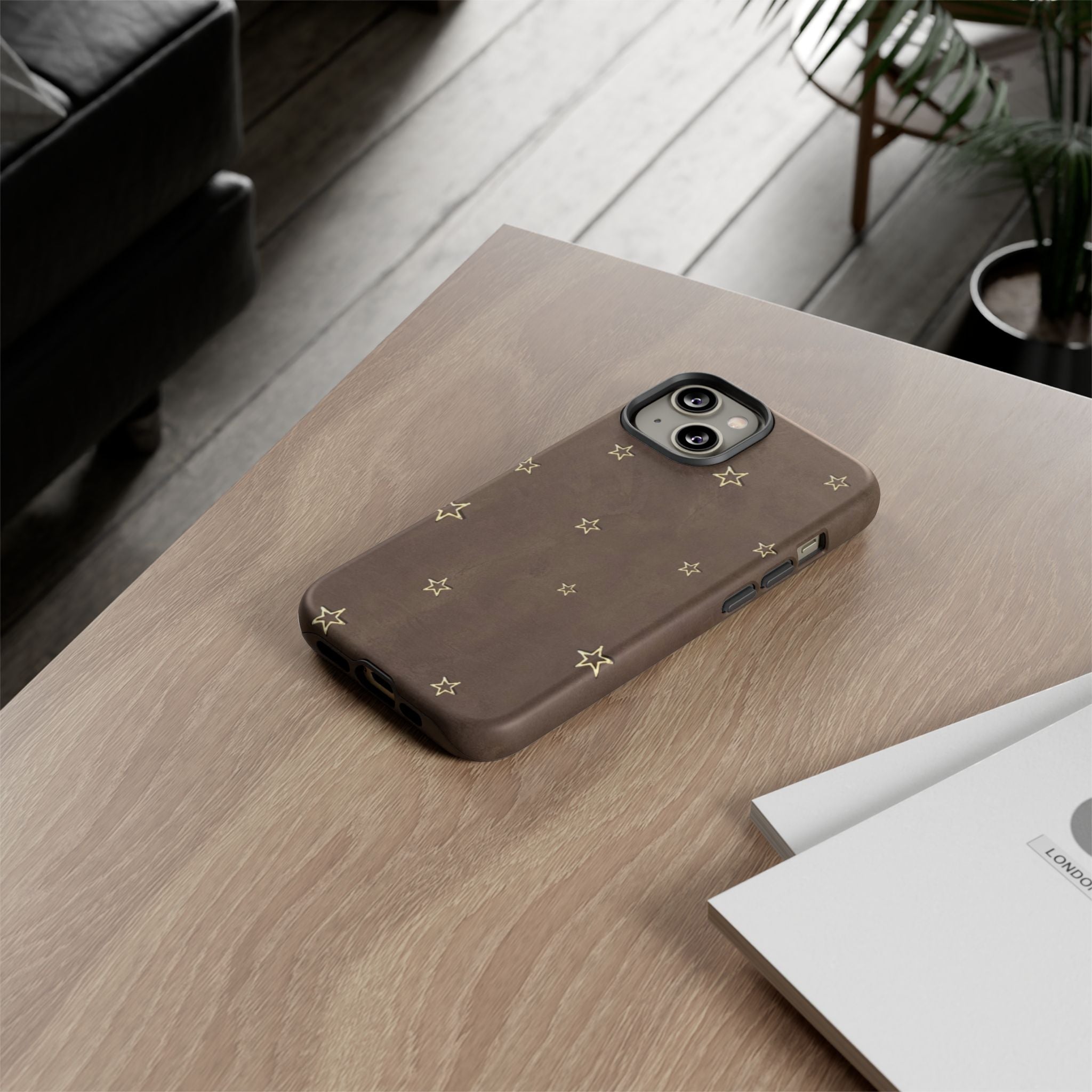 Brown Star Pattern Tough Phone Case – Rugged Leather-Look Protection