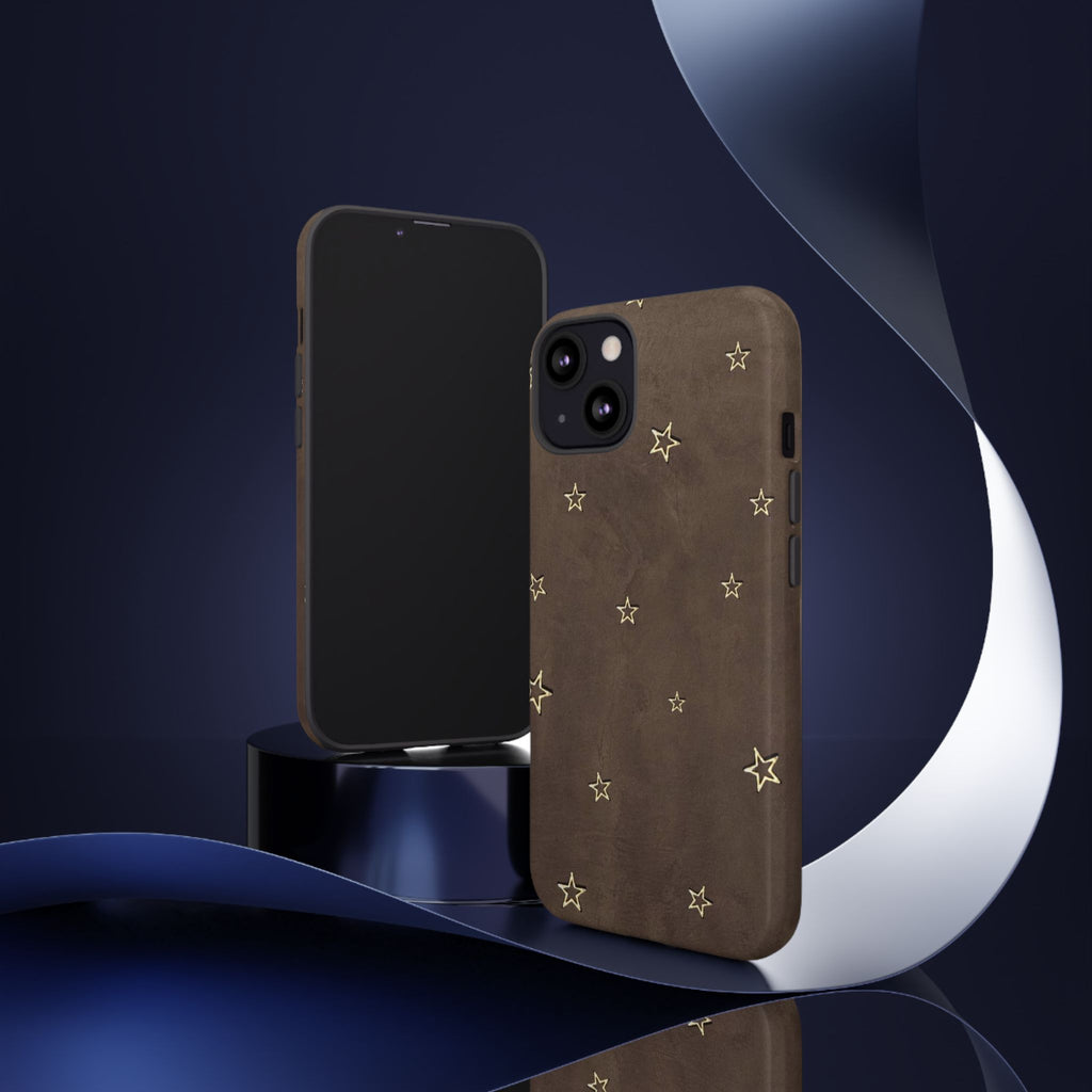 Brown Star Pattern Tough Phone Case – Rugged Leather-Look Protection