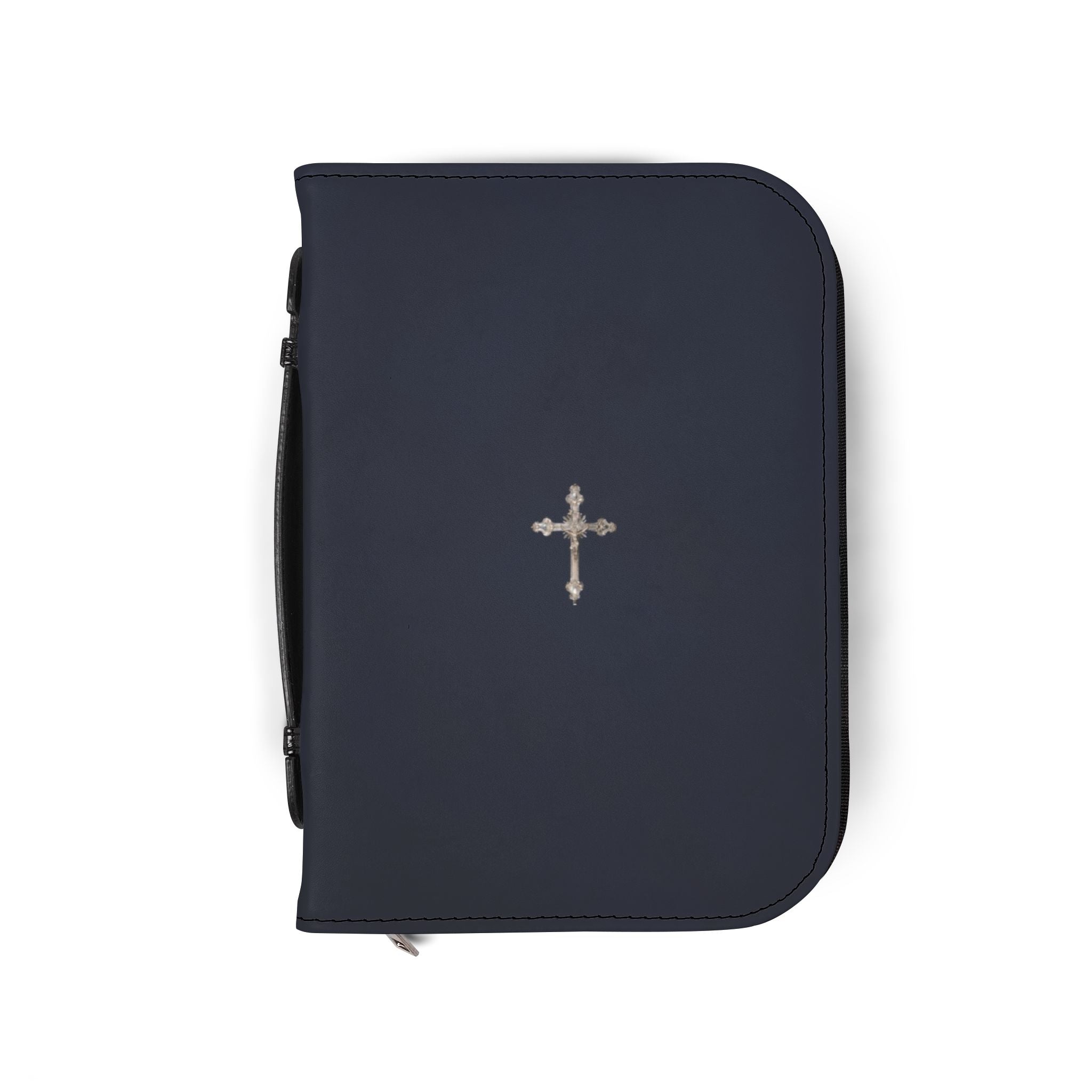 Navy Zippered Bible Cover with Embroidered Cross — Durable Travel Bible Case with Handle