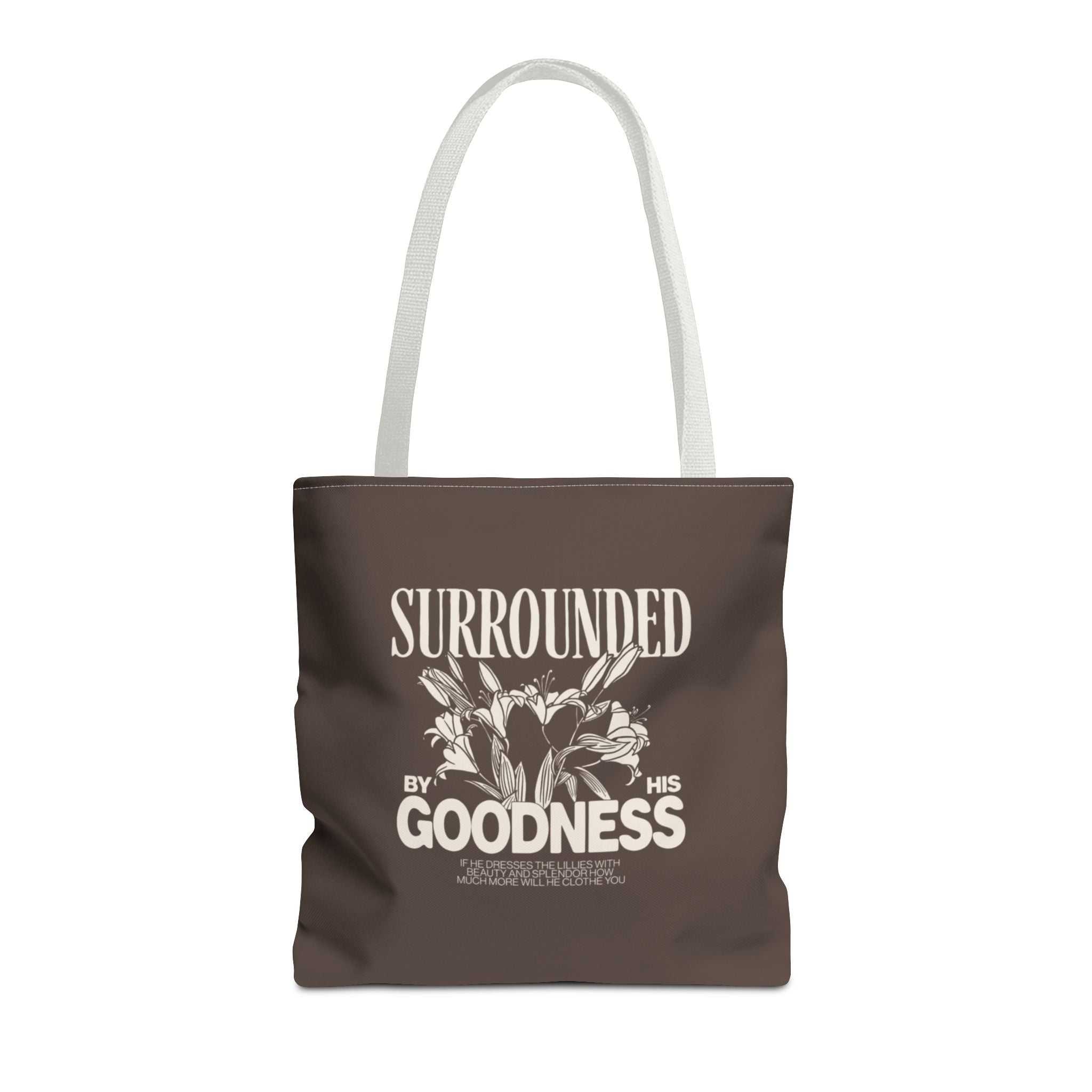Surrounded by His Goodness Tote Bag — Faith Floral Scripture Shopper