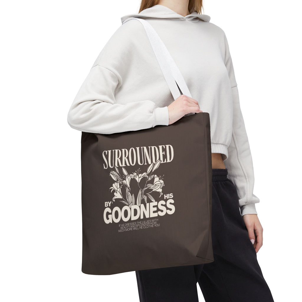 Surrounded by His Goodness Tote Bag — Faith Floral Scripture Shopper
