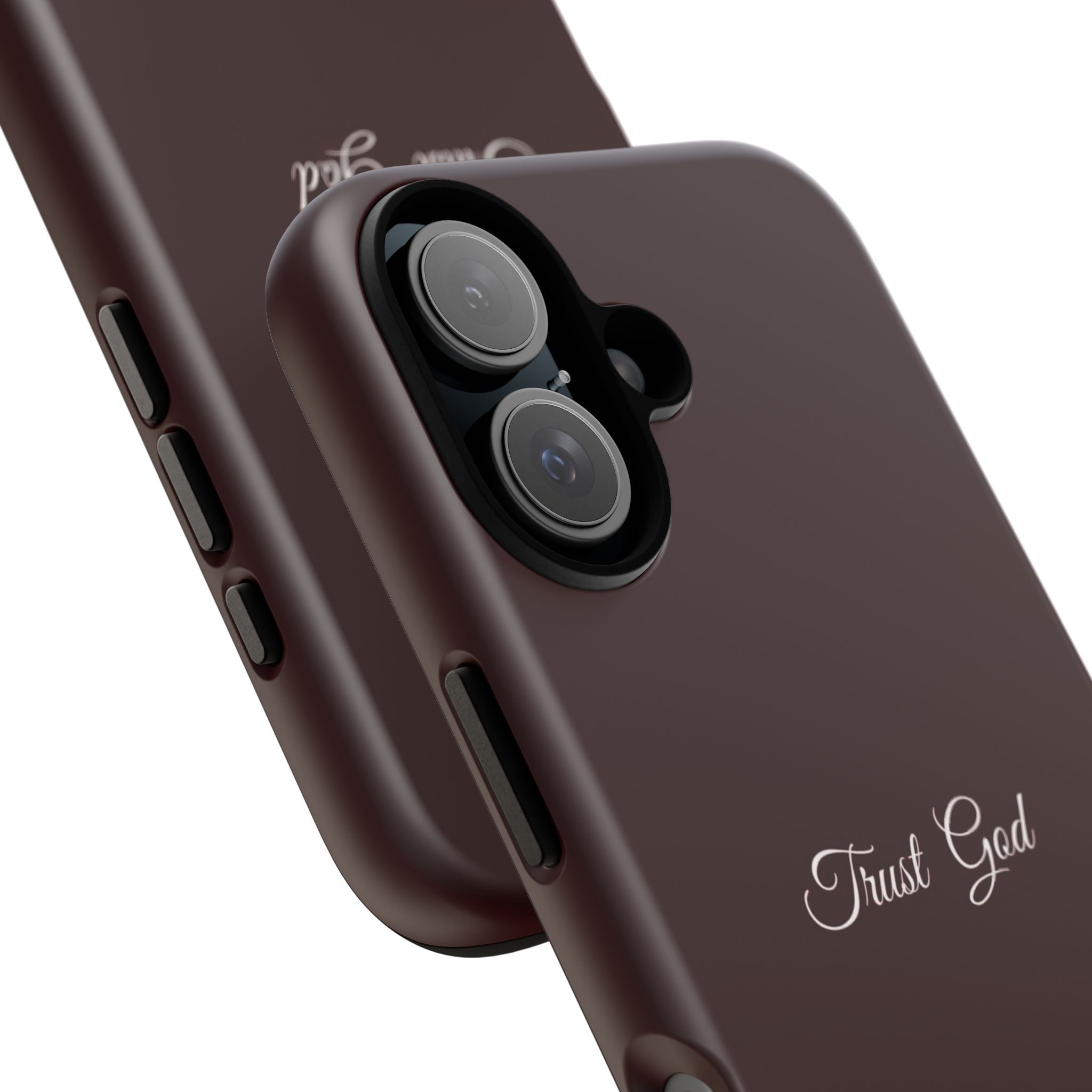Trust God Tough Phone Case — Maroon Protective iPhone Cover with Script Text