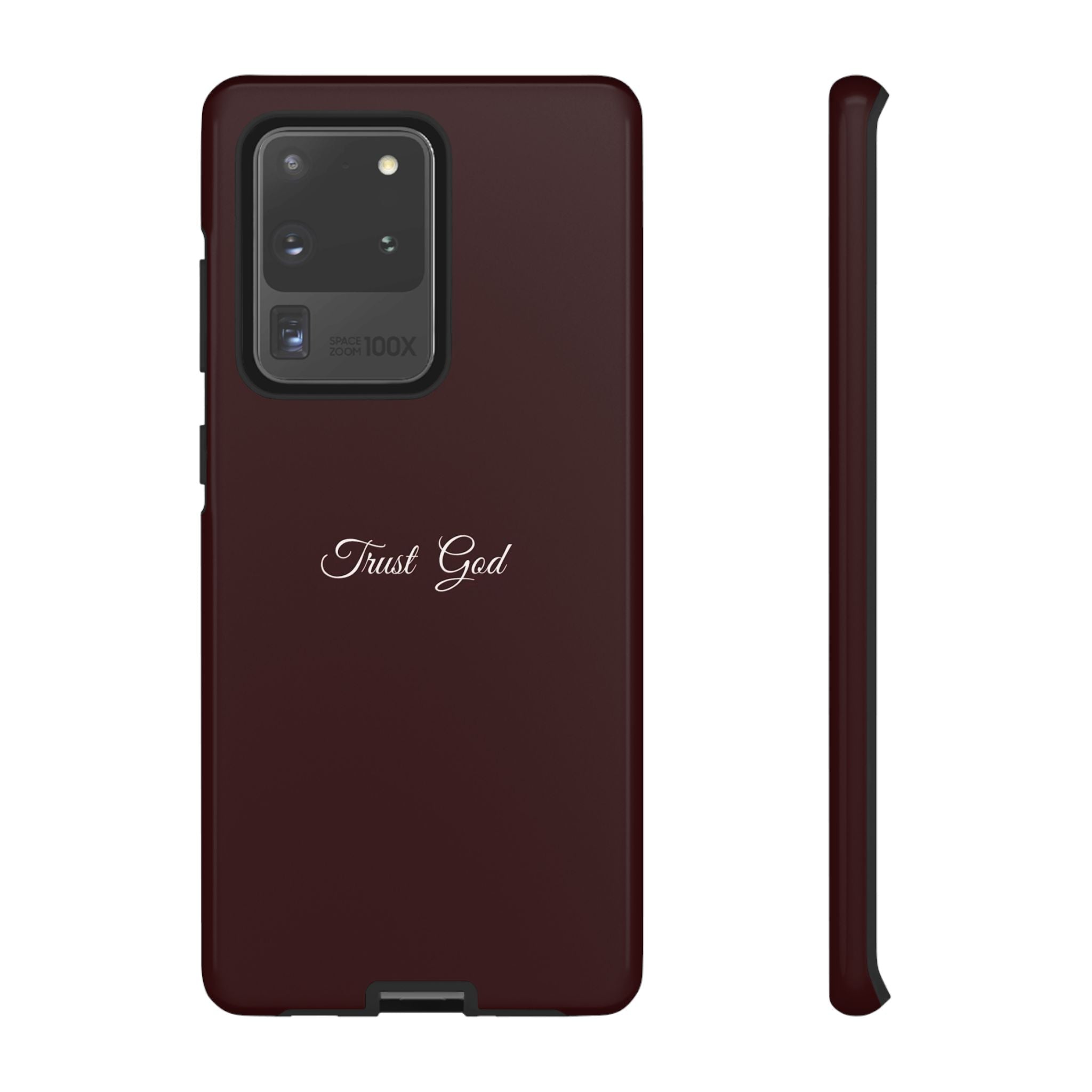 Trust God Tough Phone Case — Maroon Protective iPhone Cover with Script Text