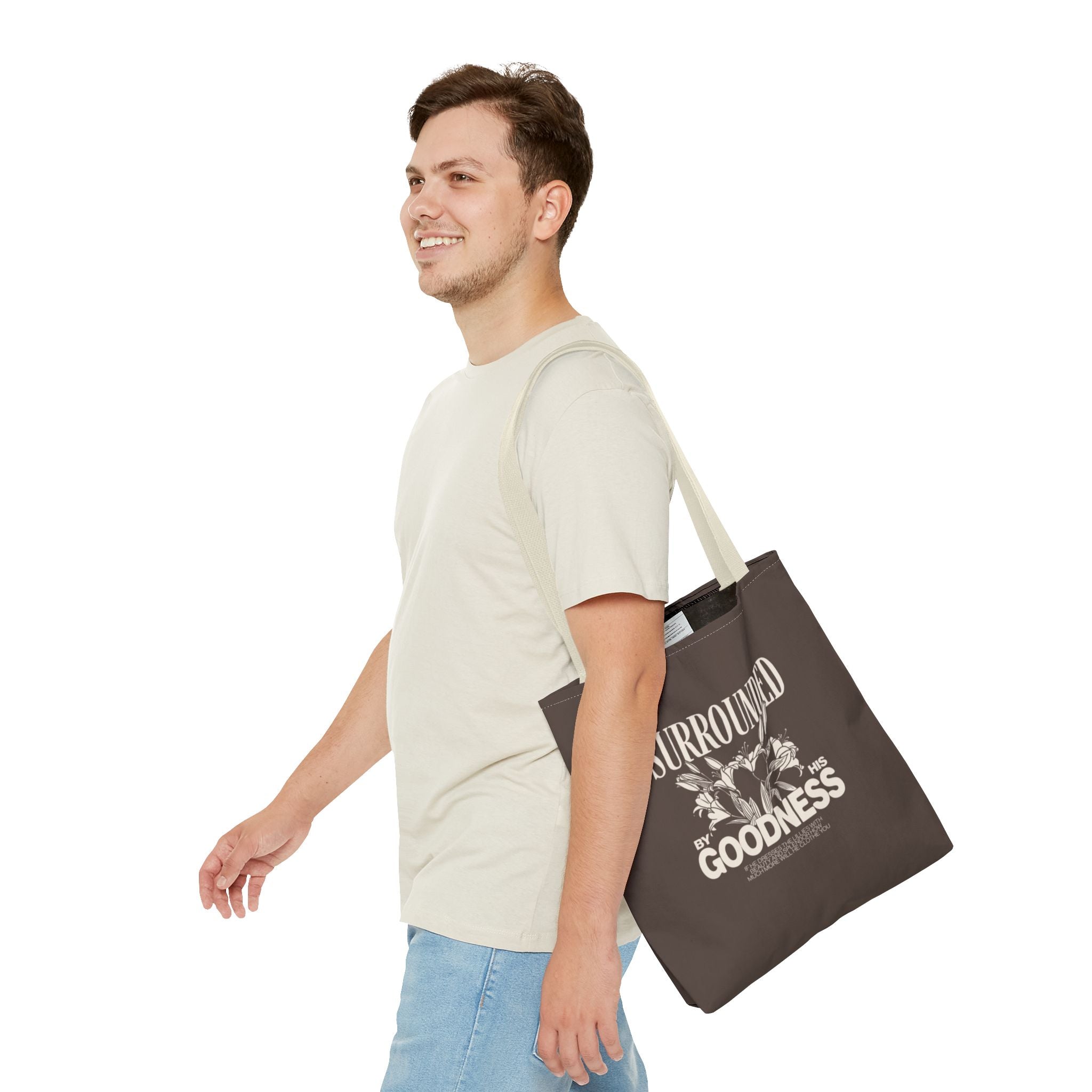 Surrounded by His Goodness Tote Bag — Faith Floral Scripture Shopper