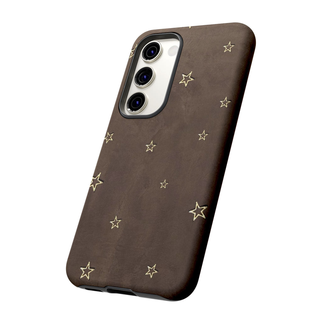 Brown Star Pattern Tough Phone Case – Rugged Leather-Look Protection