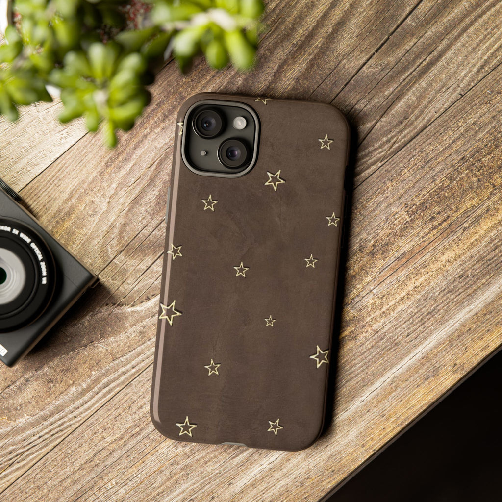 Brown Star Pattern Tough Phone Case – Rugged Leather-Look Protection