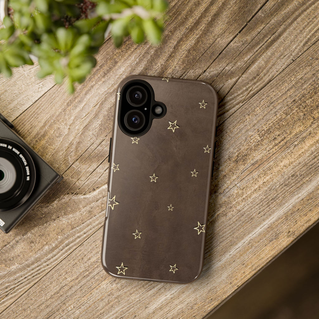 Brown Star Pattern Tough Phone Case – Rugged Leather-Look Protection