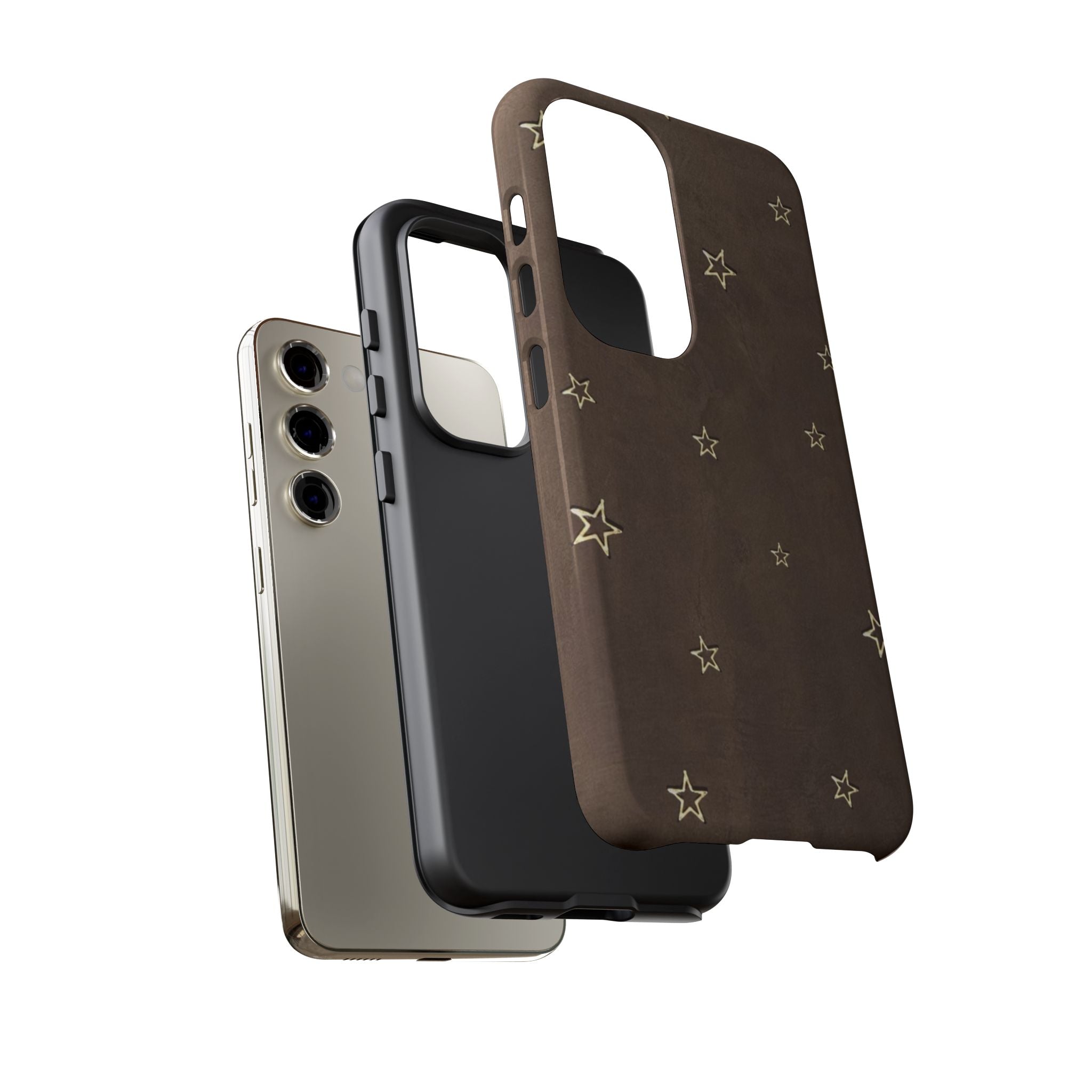 Brown Star Pattern Tough Phone Case – Rugged Leather-Look Protection