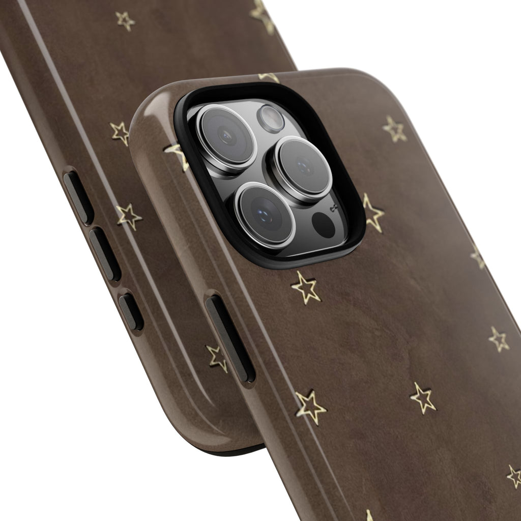 Brown Star Pattern Tough Phone Case – Rugged Leather-Look Protection