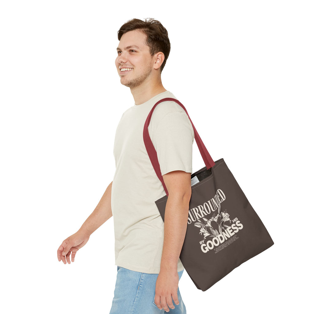 Surrounded by His Goodness Tote Bag — Faith Floral Scripture Shopper