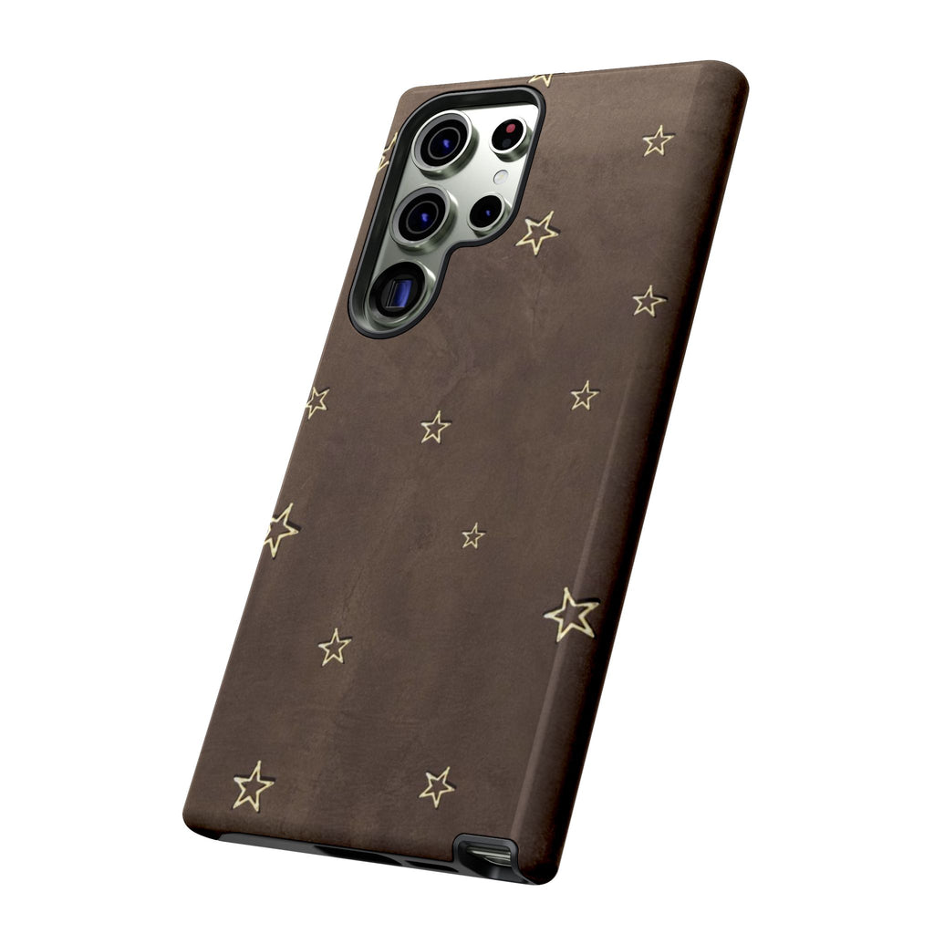 Brown Star Pattern Tough Phone Case – Rugged Leather-Look Protection