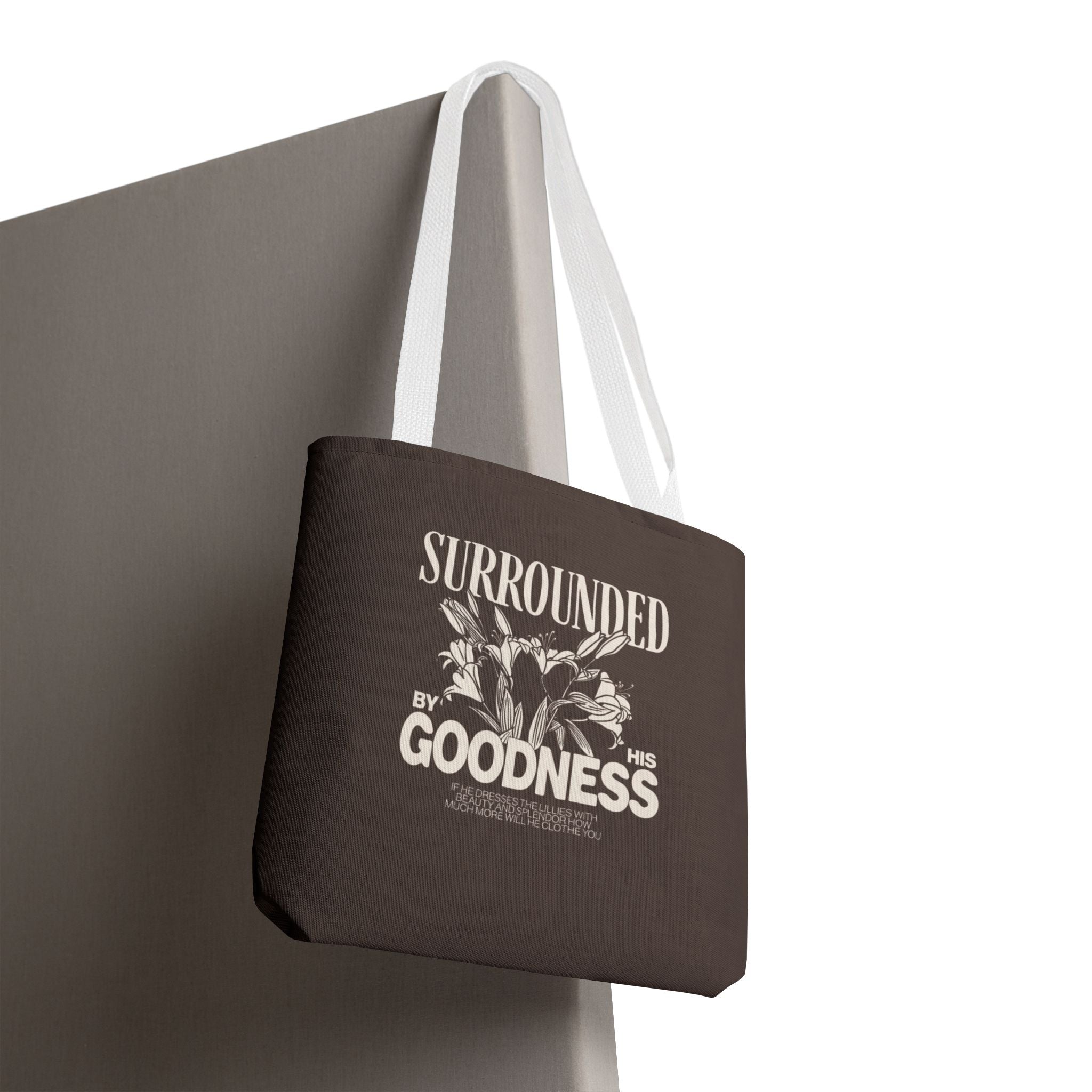 Surrounded by His Goodness Tote Bag — Faith Floral Scripture Shopper