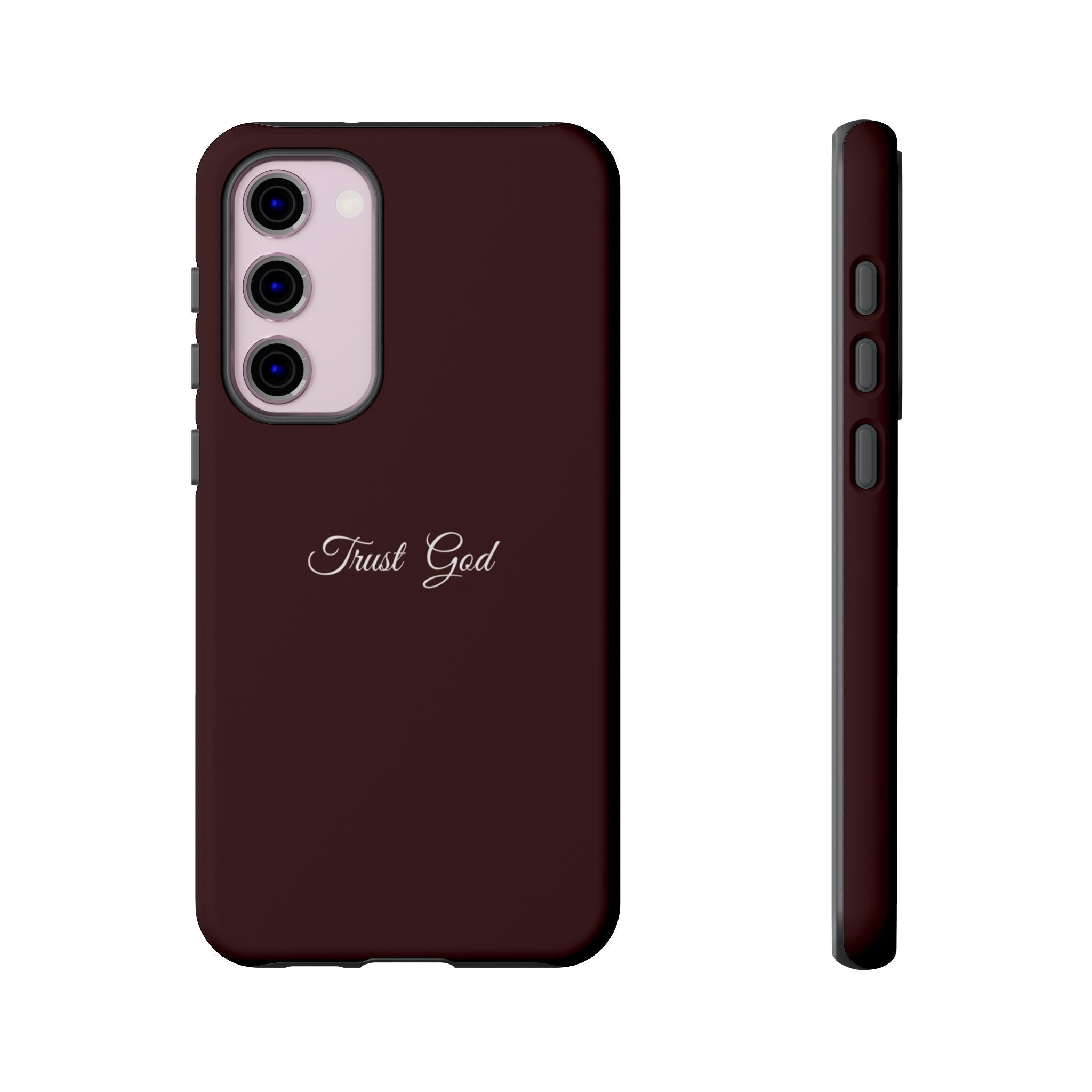 Trust God Tough Phone Case — Maroon Protective iPhone Cover with Script Text