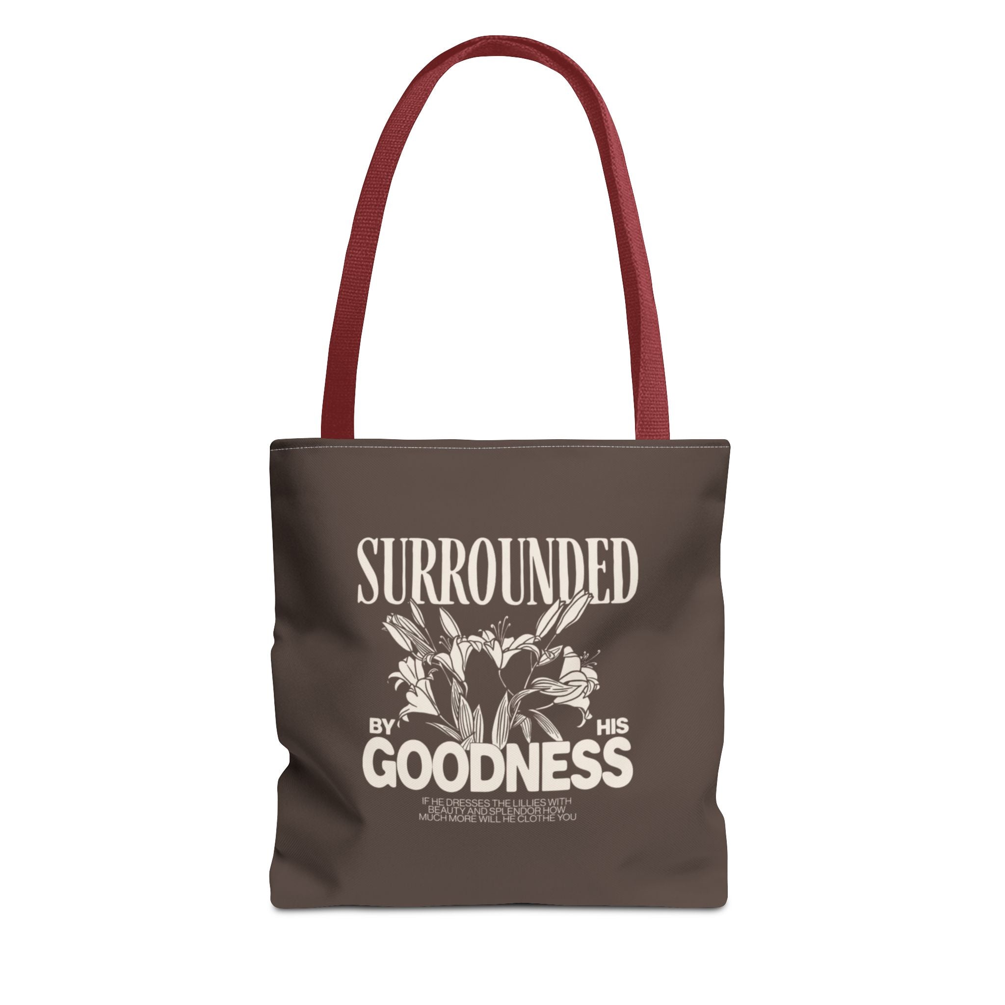 Surrounded by His Goodness Tote Bag — Faith Floral Scripture Shopper