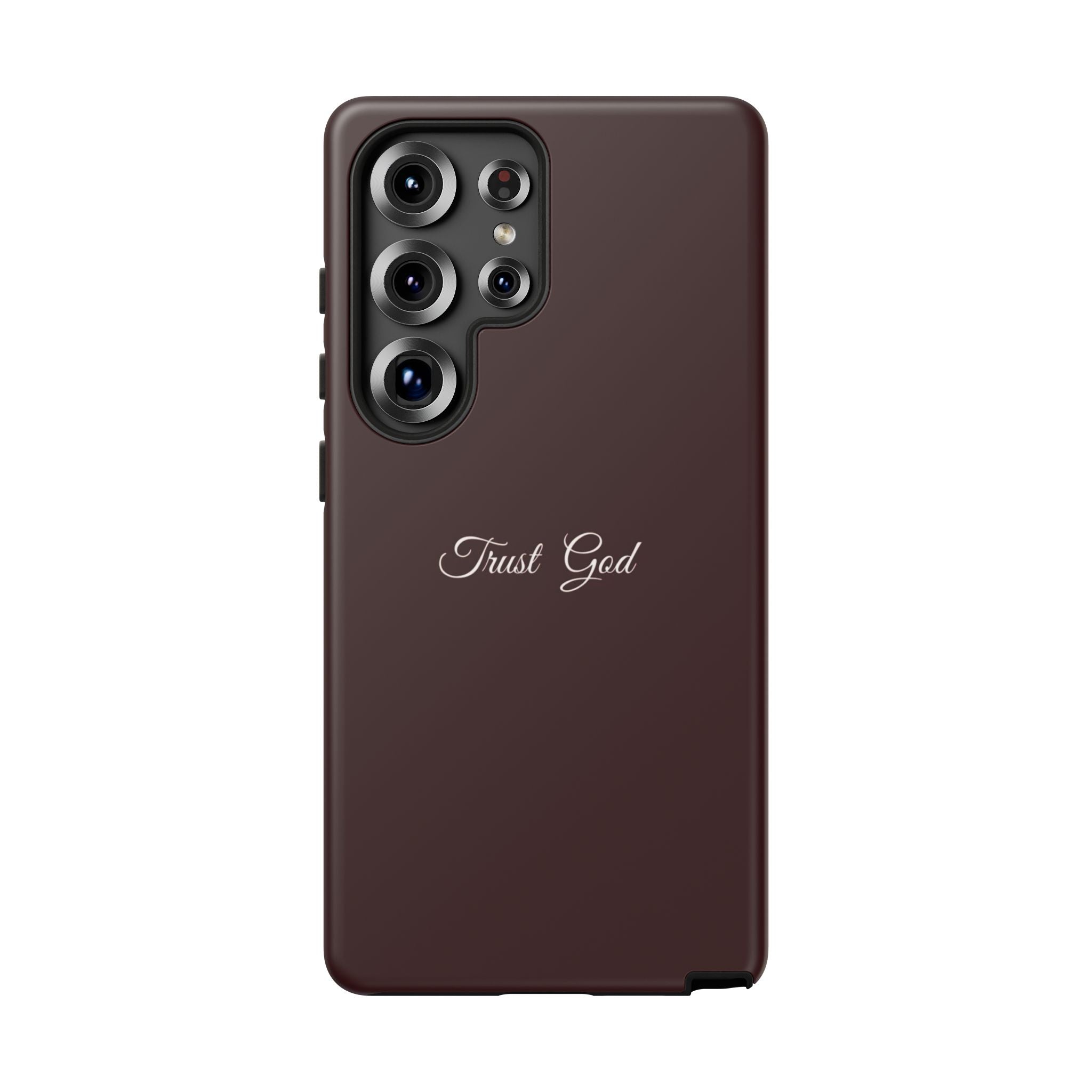 Trust God Tough Phone Case — Maroon Protective iPhone Cover with Script Text