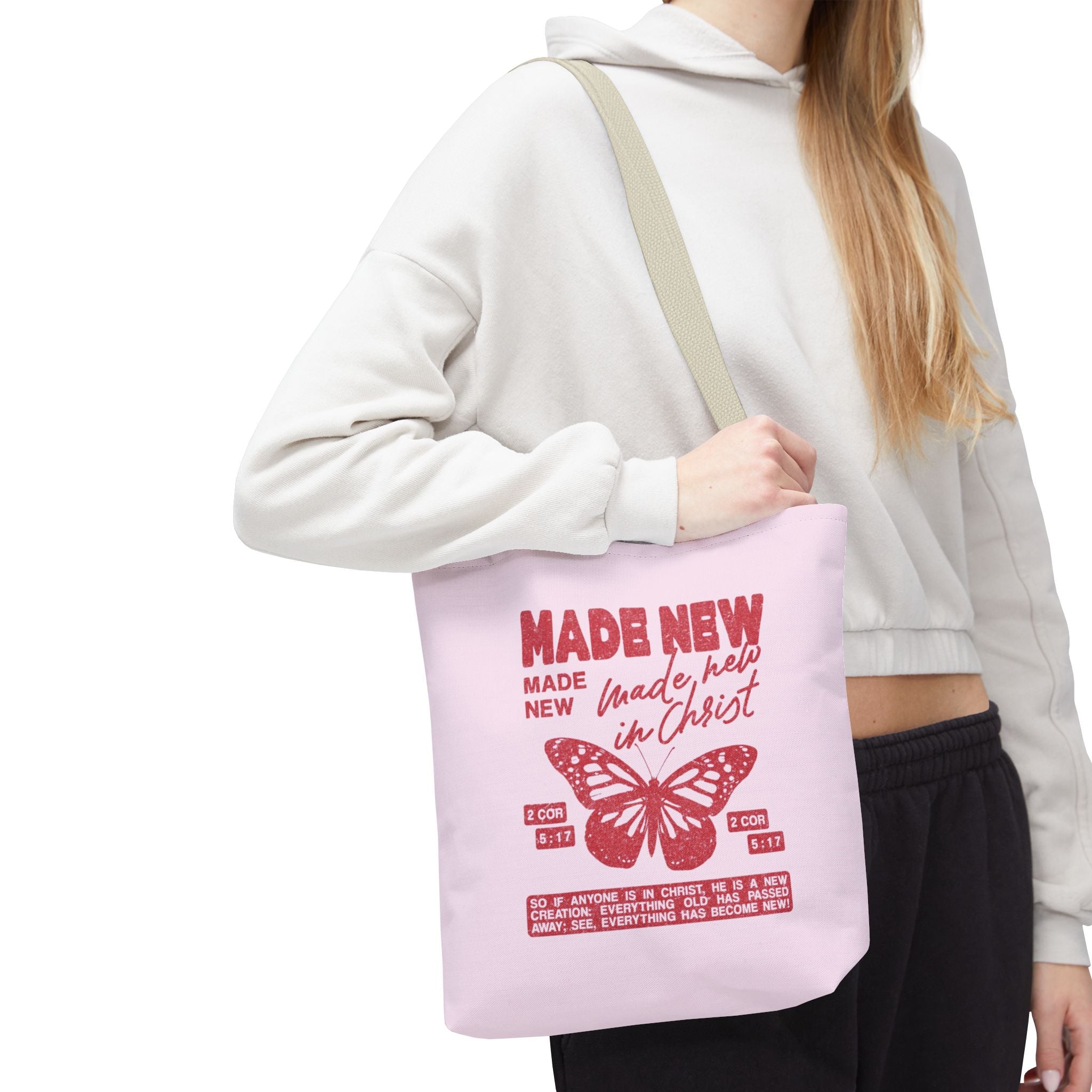 "Made New in Christ" Pink Butterfly Tote
