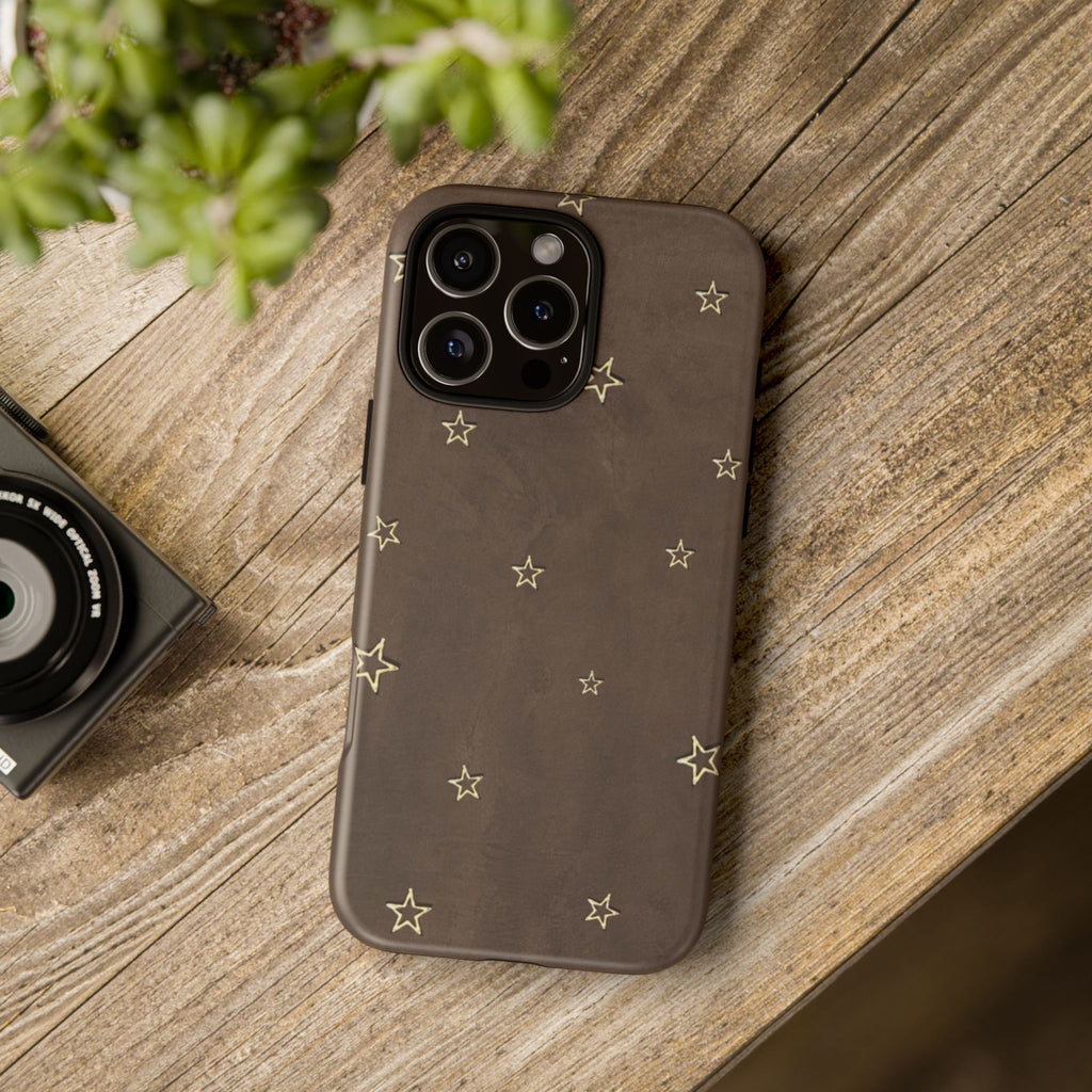 Brown Star Pattern Tough Phone Case – Rugged Leather-Look Protection