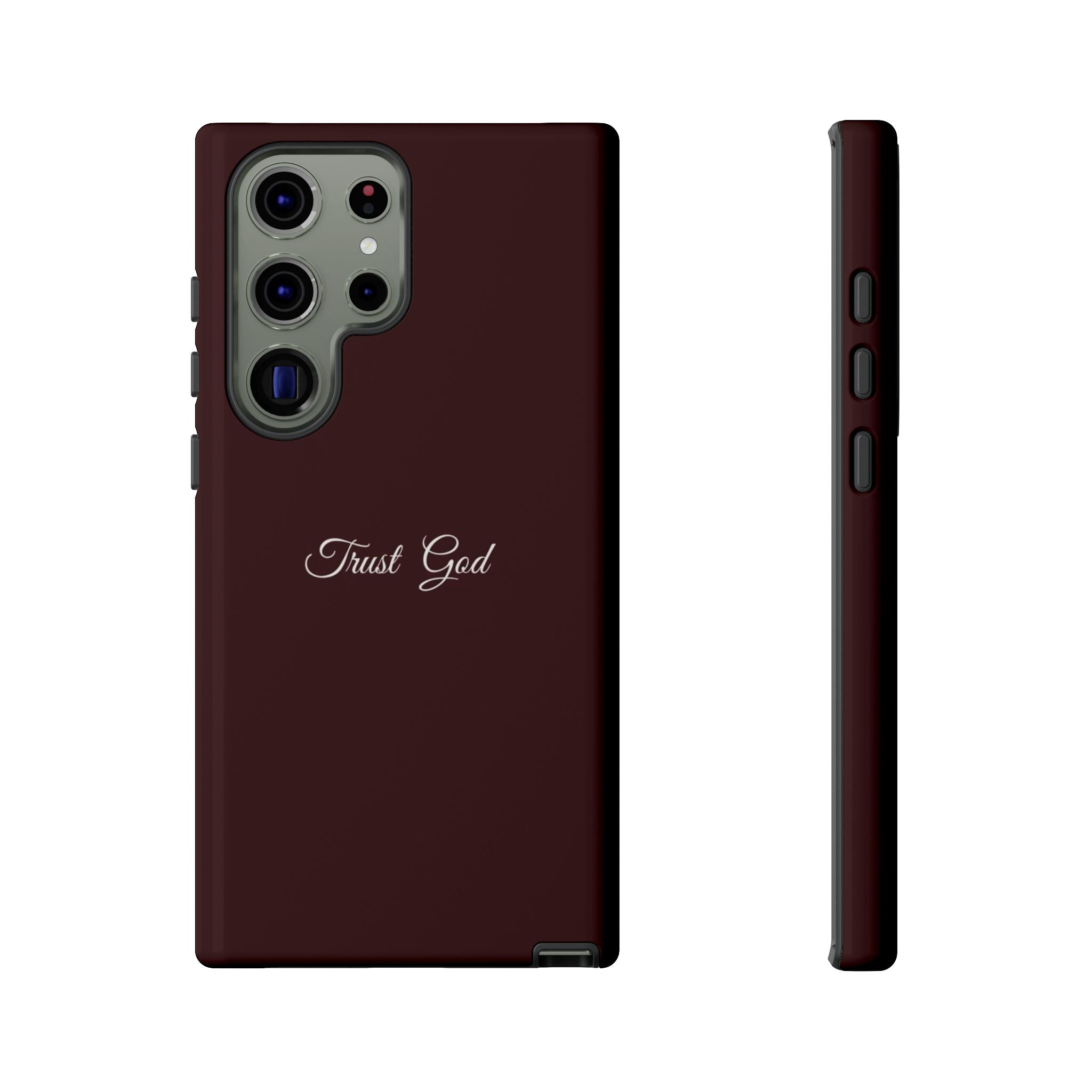 Trust God Tough Phone Case — Maroon Protective iPhone Cover with Script Text