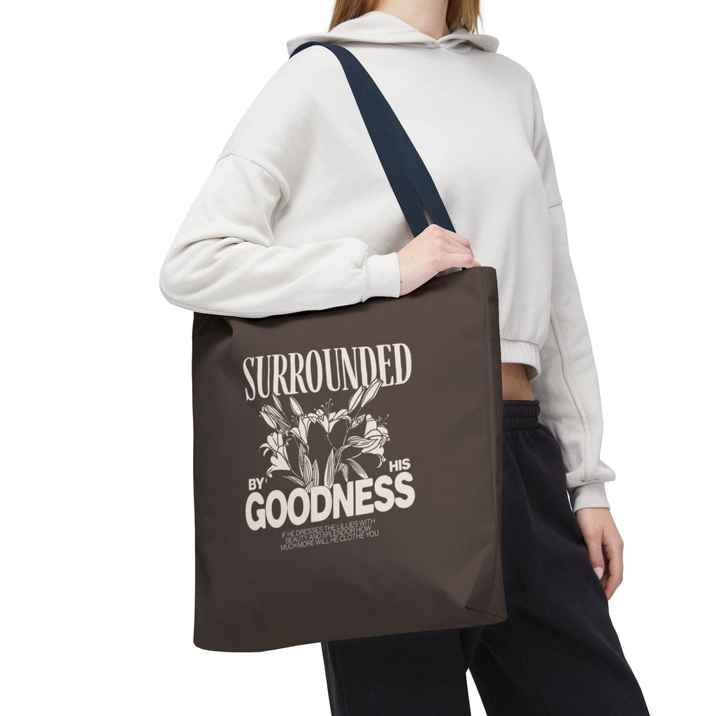Surrounded by His Goodness Tote Bag — Faith Floral Scripture Shopper