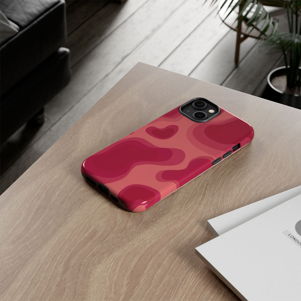 Red Pink Camo iPhone Case — Abstract Heart Pattern Tough Protective Cover
