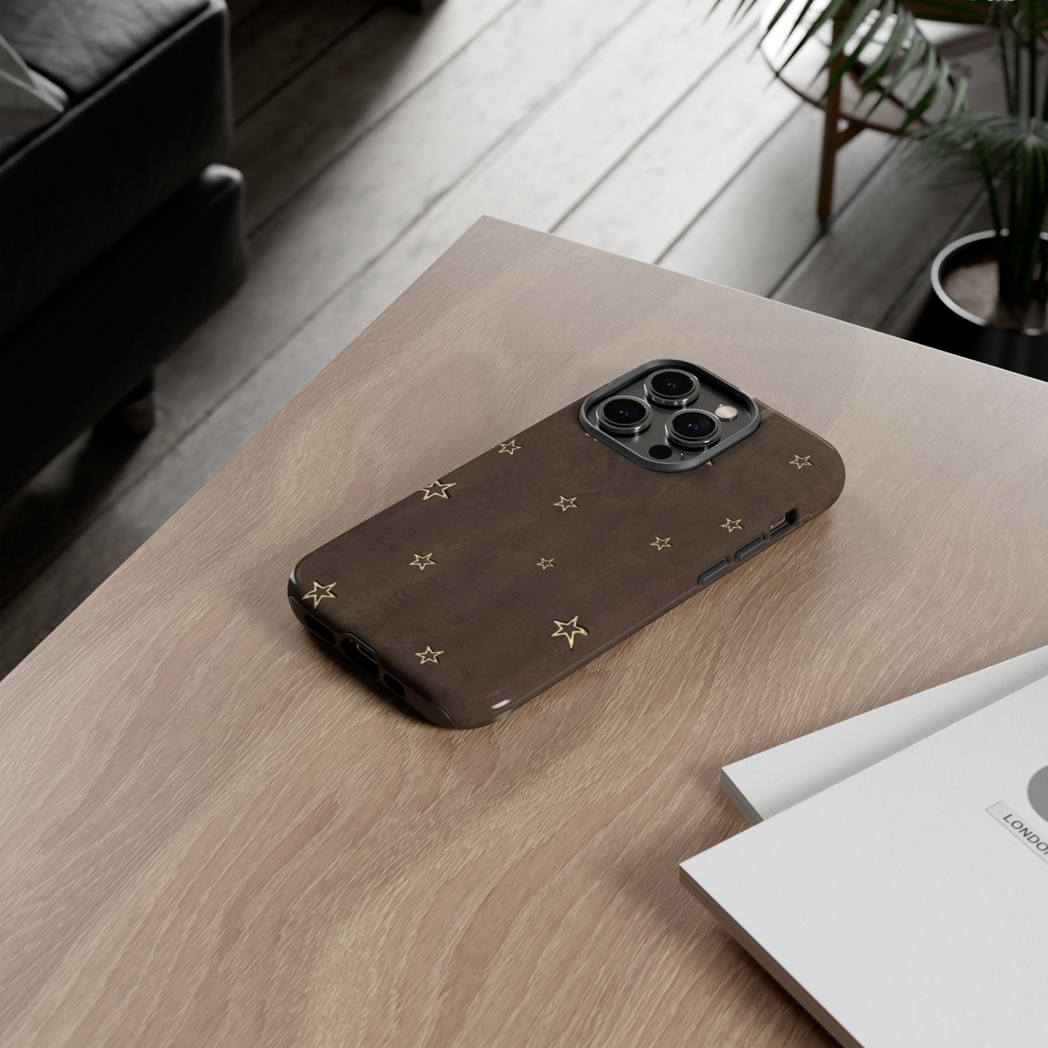 Brown Star Pattern Tough Phone Case – Rugged Leather-Look Protection