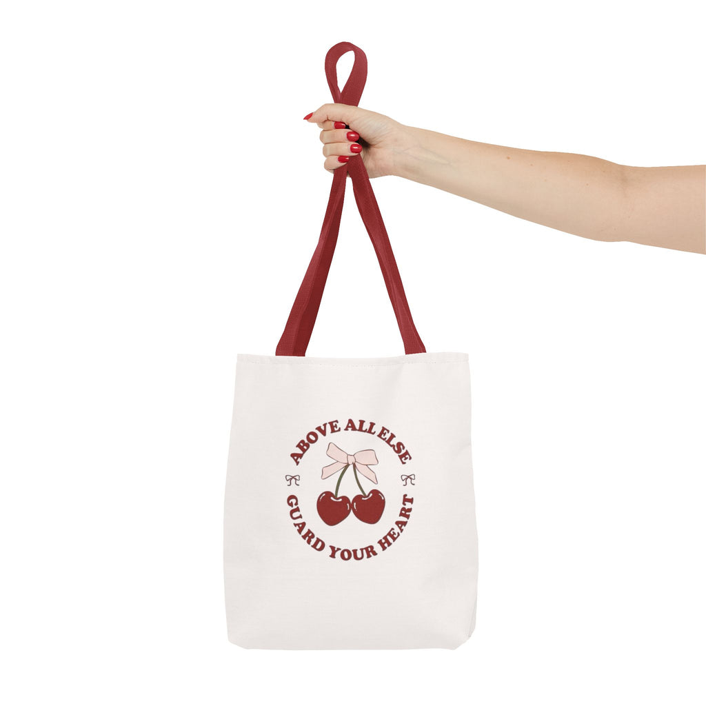 "Above All Else Guard Your Heart" Cherry Graphic Tote Bag