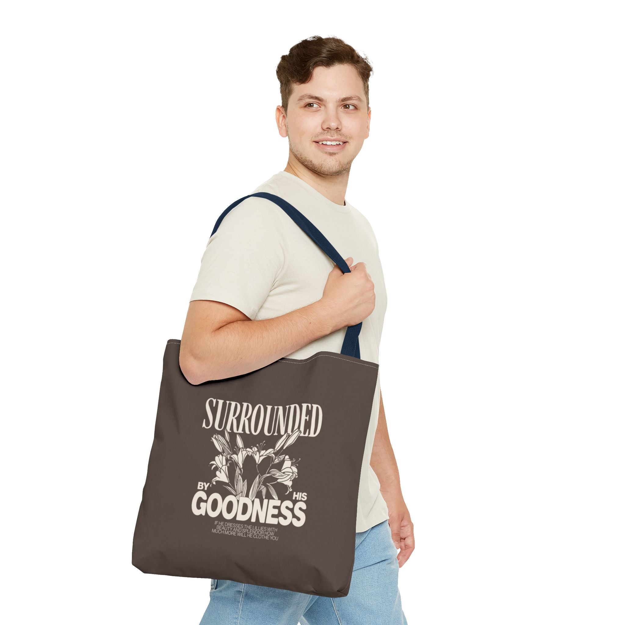 Surrounded by His Goodness Tote Bag — Faith Floral Scripture Shopper