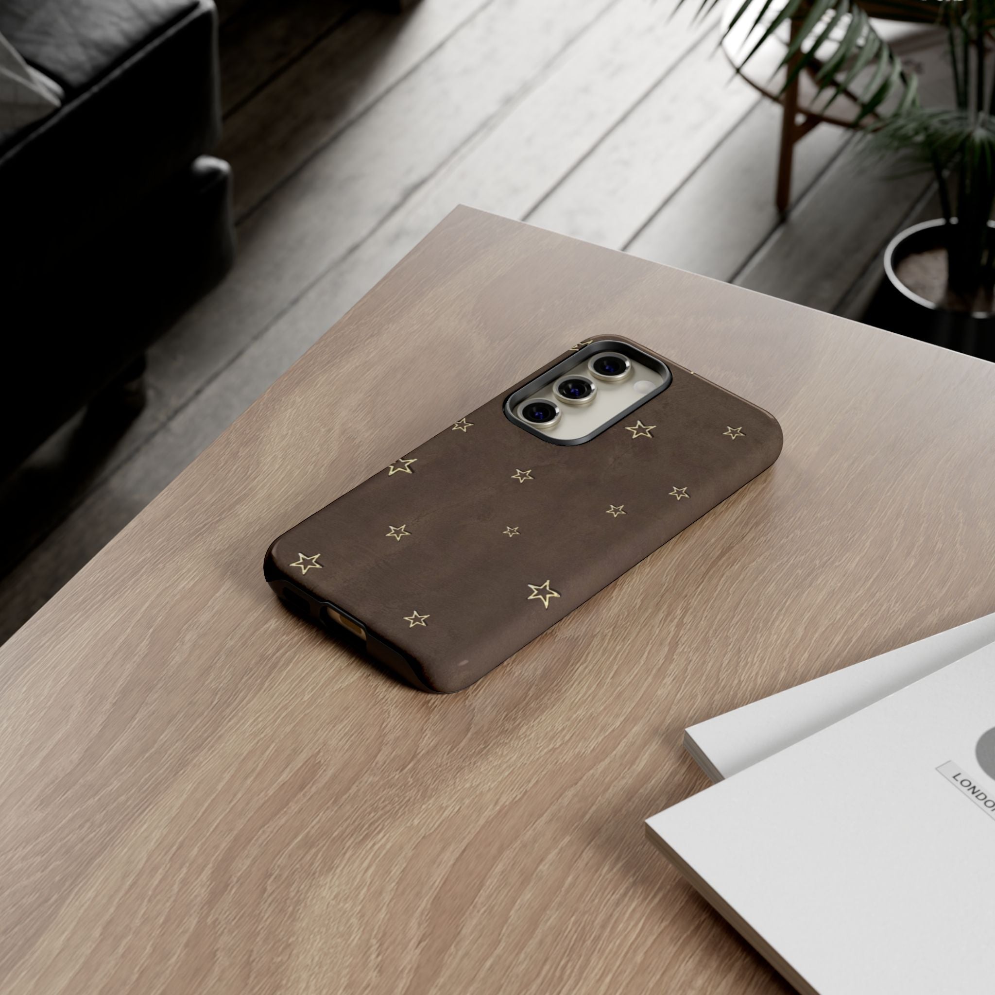 Brown Star Pattern Tough Phone Case – Rugged Leather-Look Protection