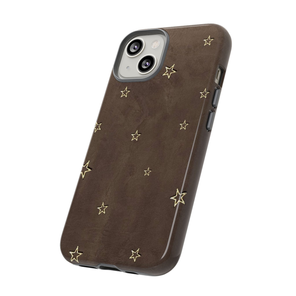 Brown Star Pattern Tough Phone Case – Rugged Leather-Look Protection