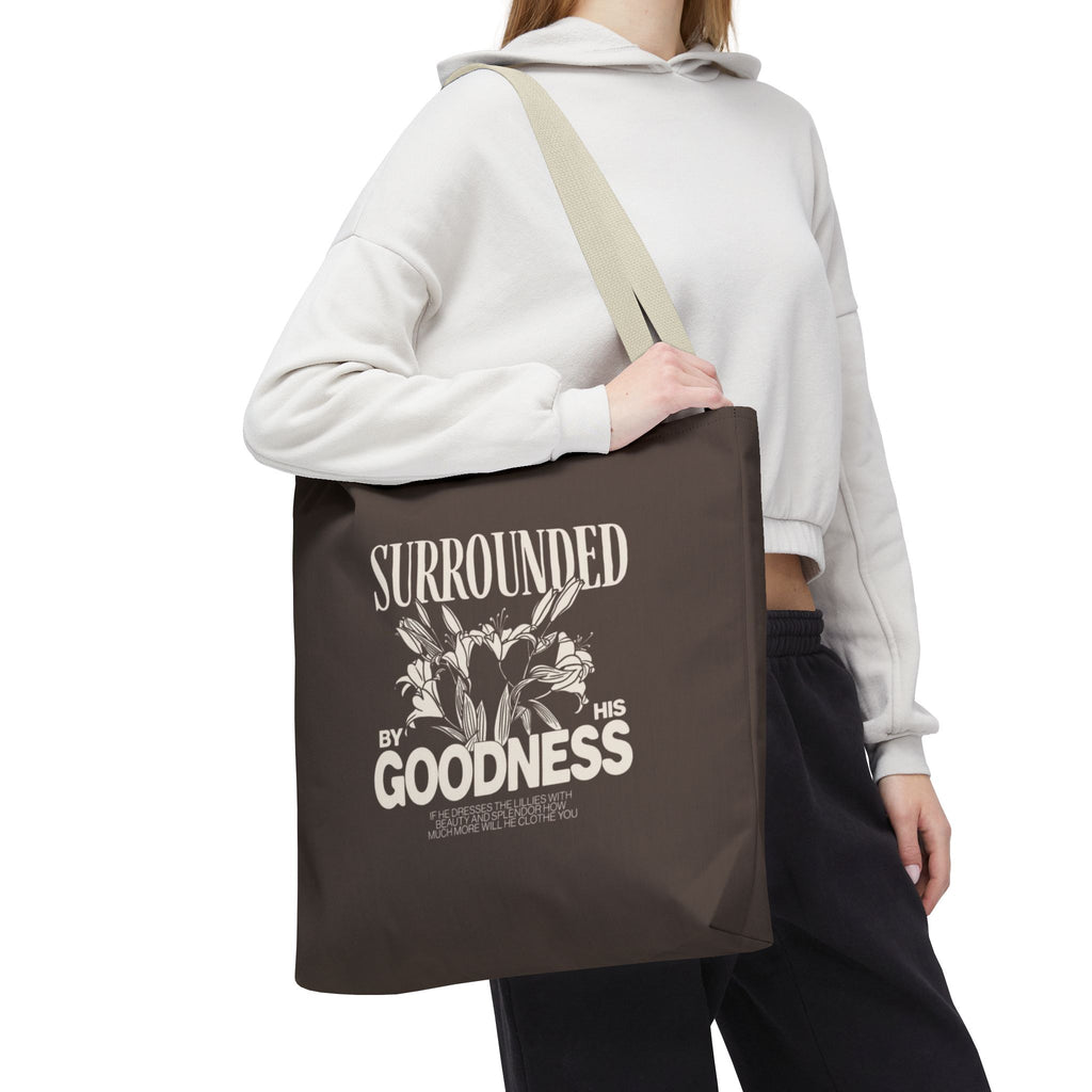 Surrounded by His Goodness Tote Bag — Faith Floral Scripture Shopper