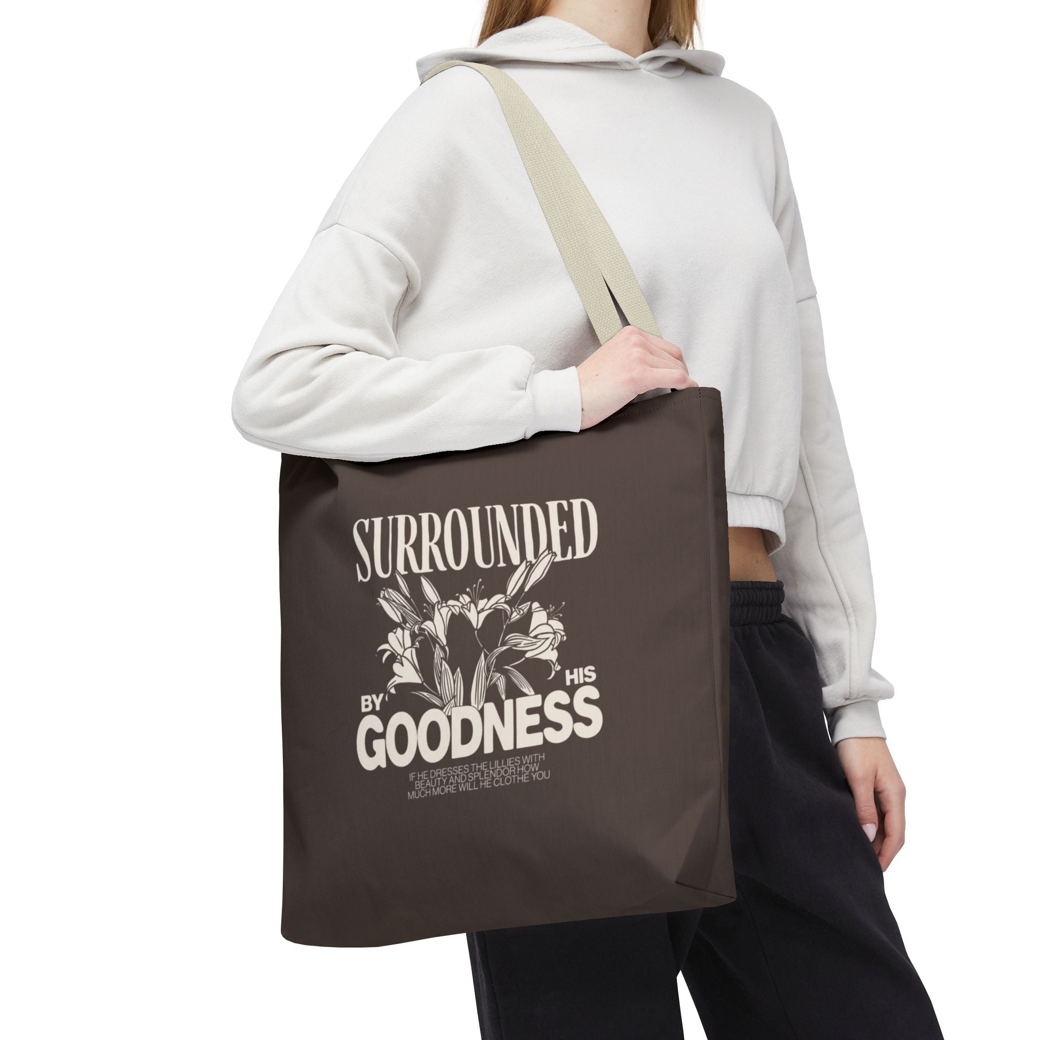 Surrounded by His Goodness Tote Bag — Faith Floral Scripture Shopper