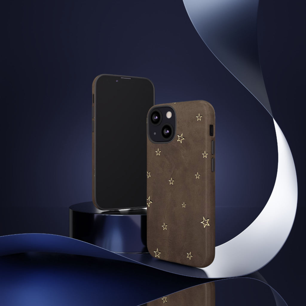 Brown Star Pattern Tough Phone Case – Rugged Leather-Look Protection