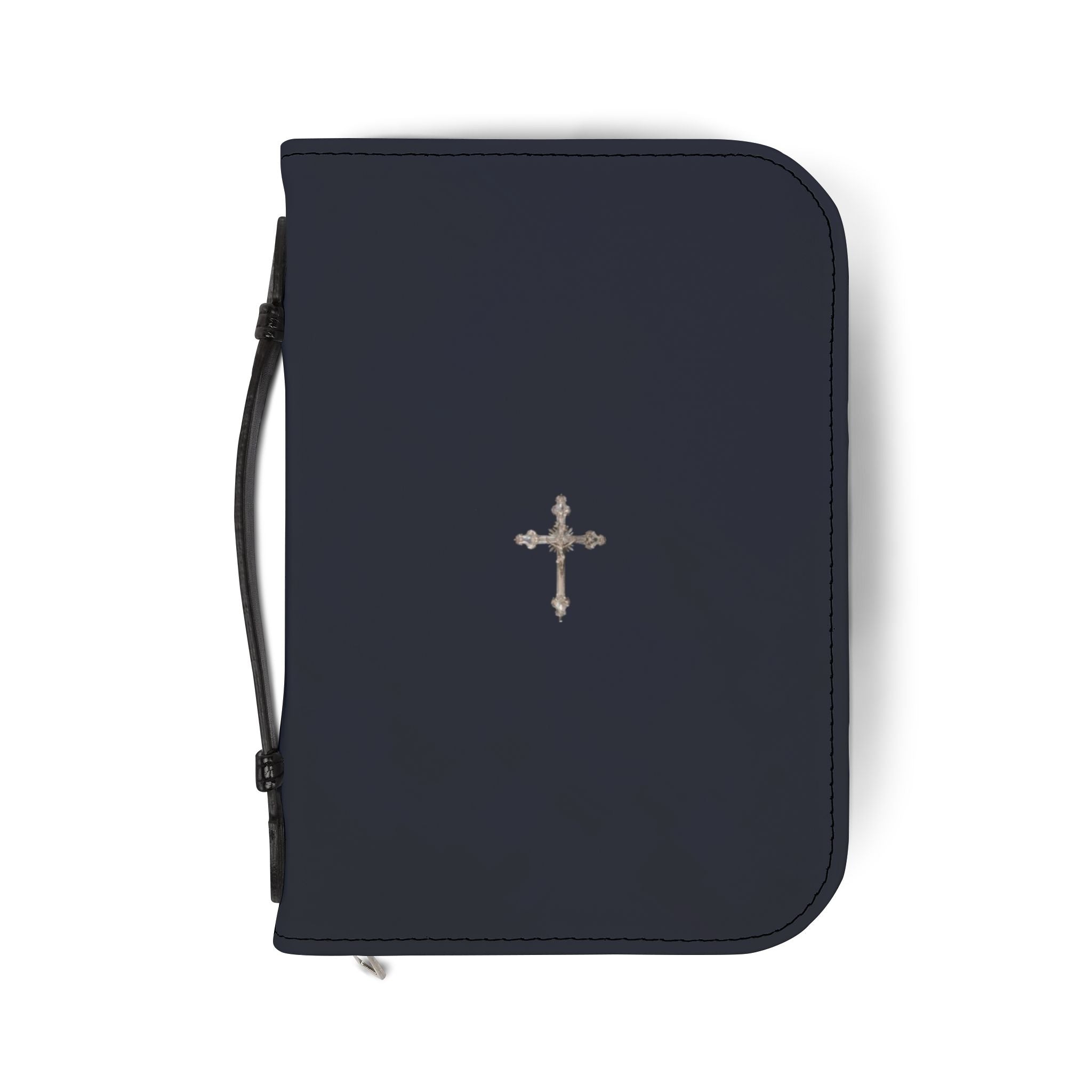 Navy Zippered Bible Cover with Embroidered Cross — Durable Travel Bible Case with Handle