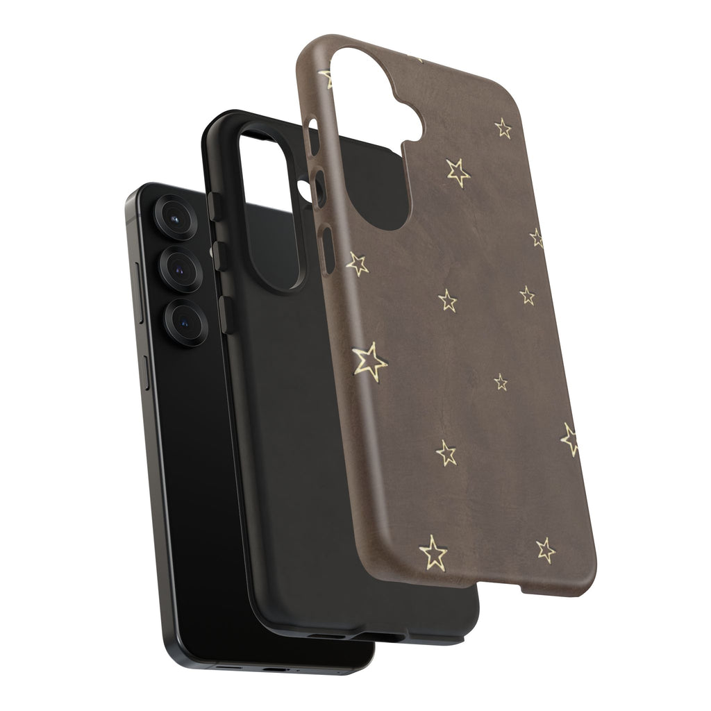 Brown Star Pattern Tough Phone Case – Rugged Leather-Look Protection