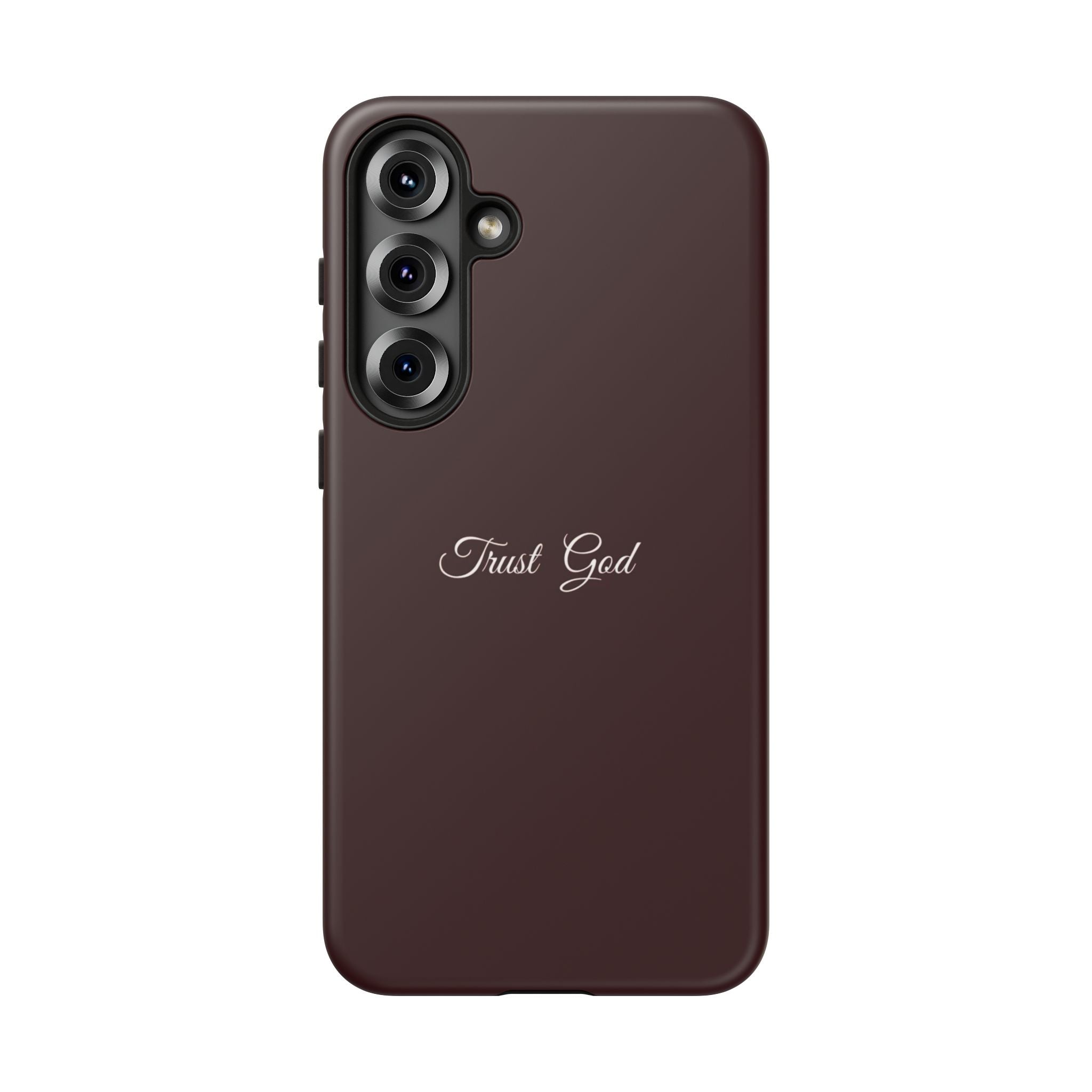 Trust God Tough Phone Case — Maroon Protective iPhone Cover with Script Text