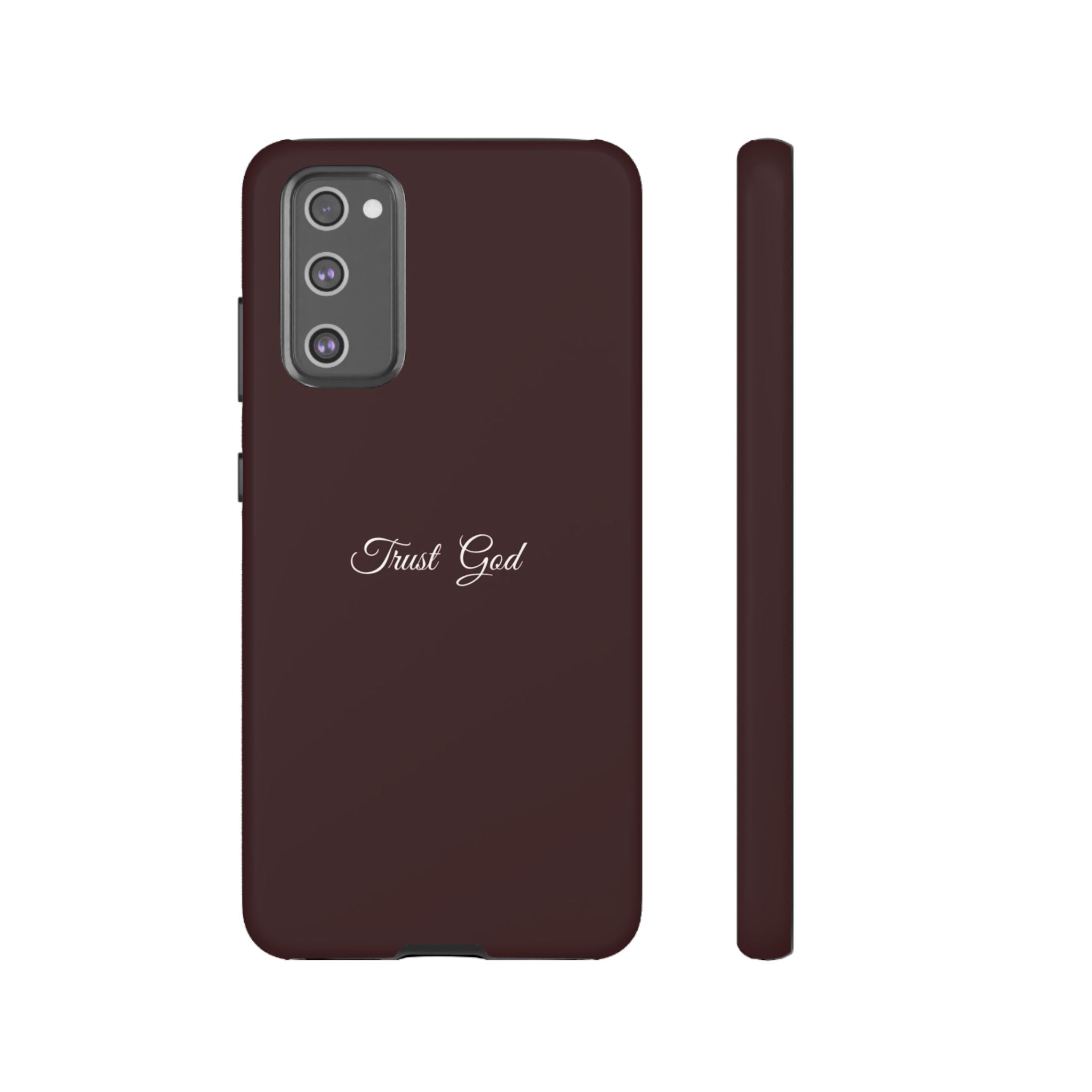 Trust God Tough Phone Case — Maroon Protective iPhone Cover with Script Text