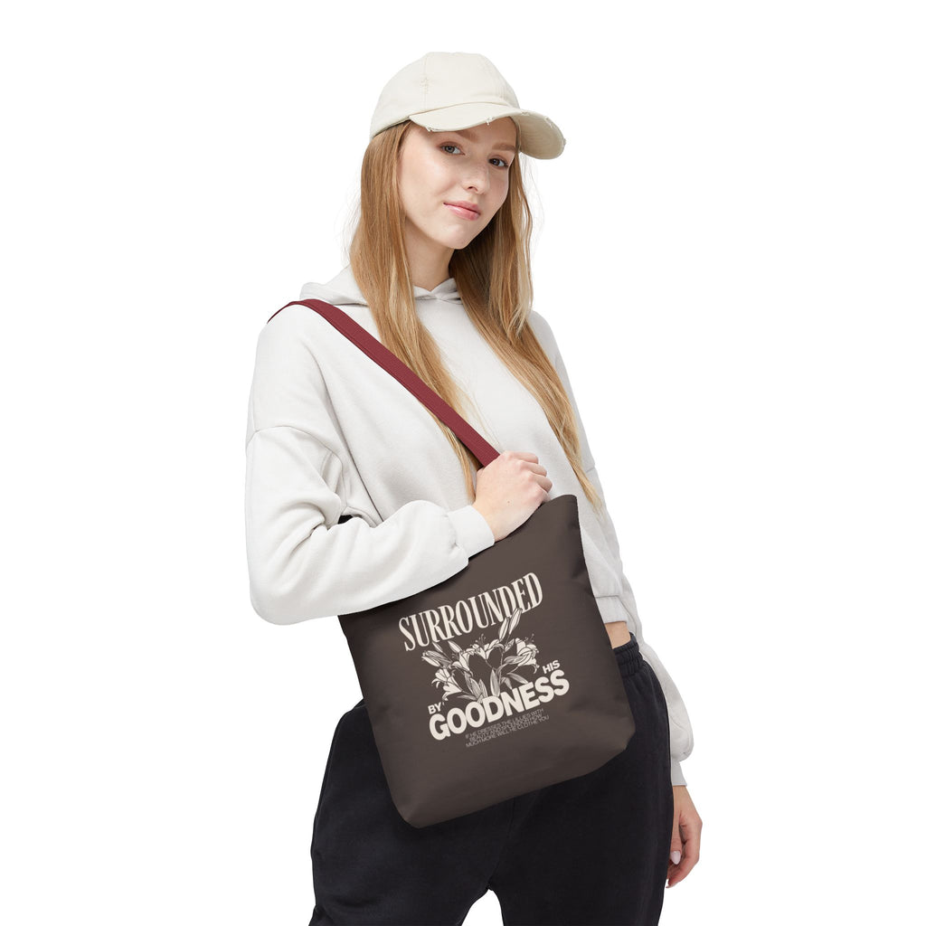 Surrounded by His Goodness Tote Bag — Faith Floral Scripture Shopper