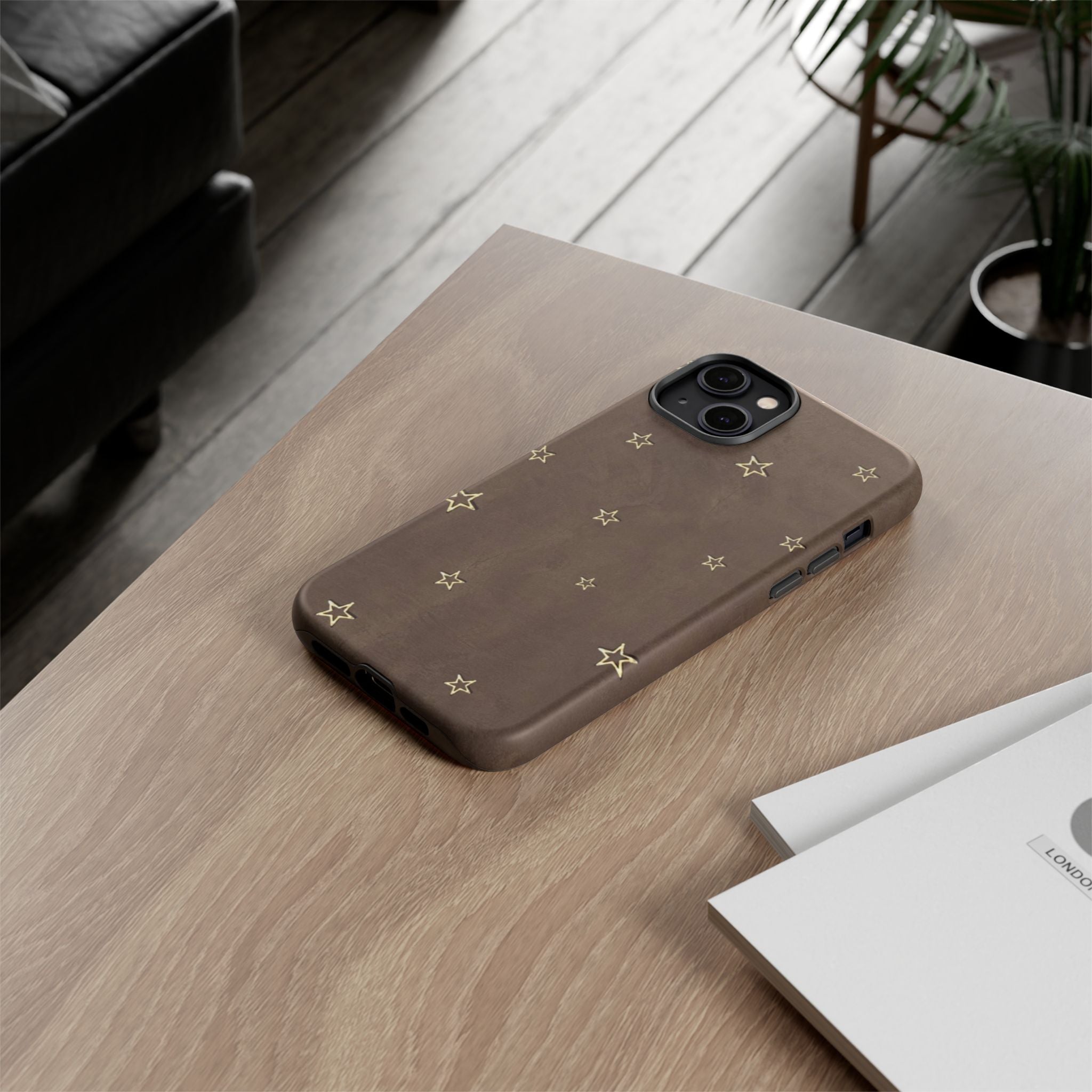 Brown Star Pattern Tough Phone Case – Rugged Leather-Look Protection