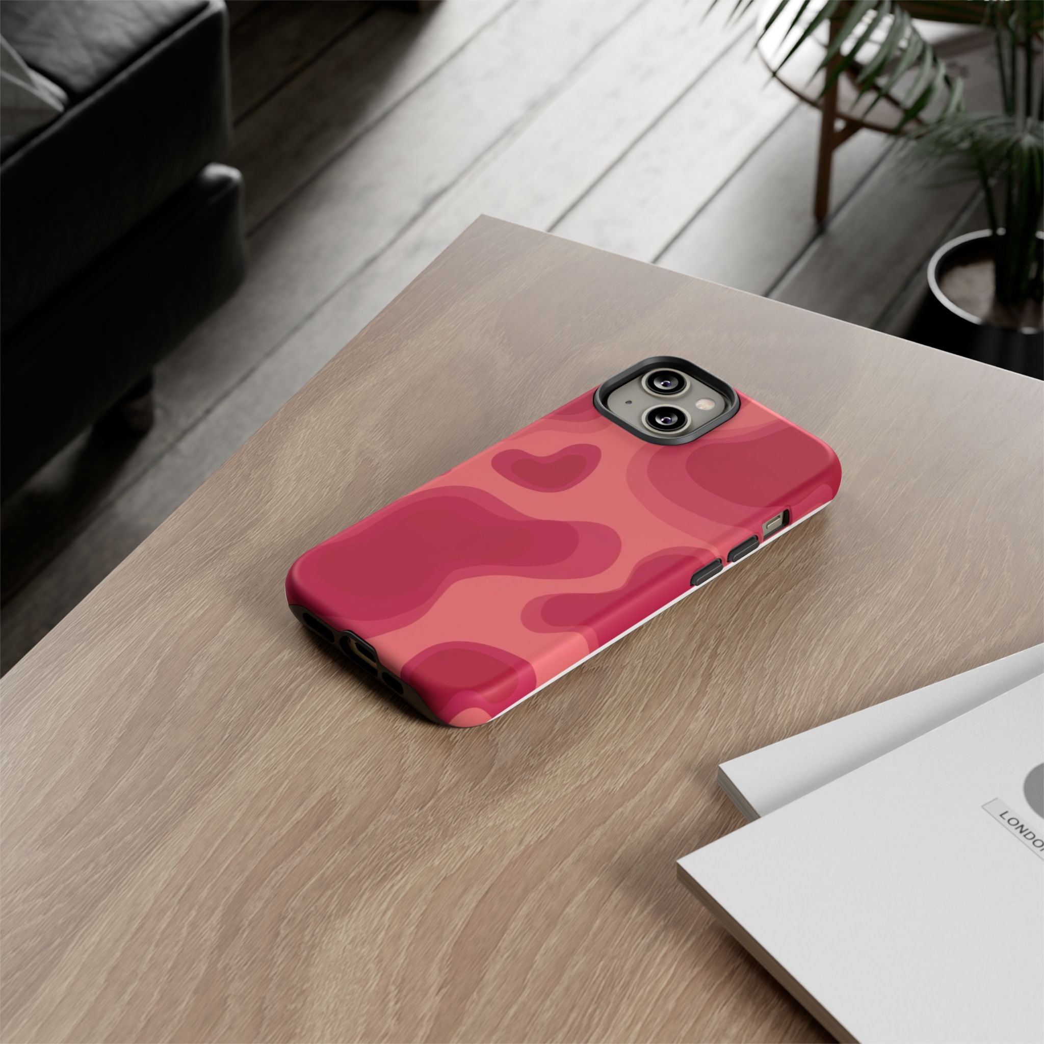 Red Pink Camo iPhone Case — Abstract Heart Pattern Tough Protective Cover