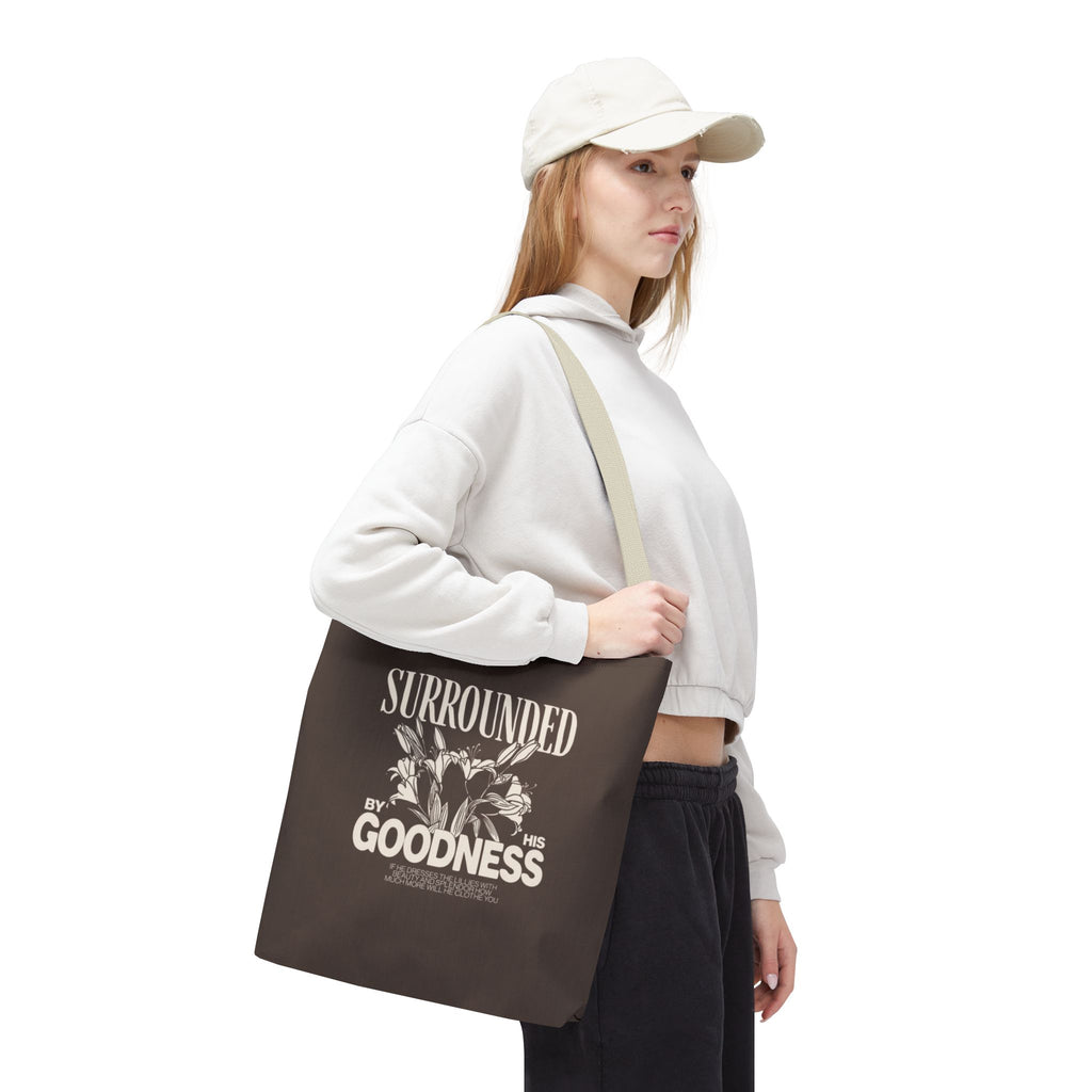 Surrounded by His Goodness Tote Bag — Faith Floral Scripture Shopper