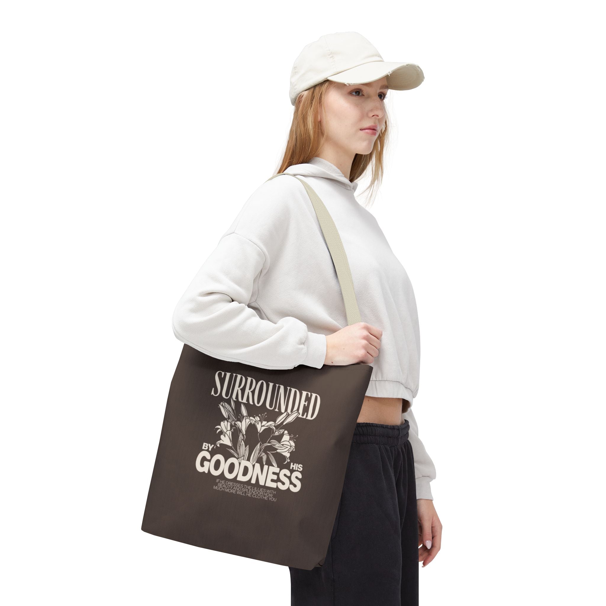 Surrounded by His Goodness Tote Bag — Faith Floral Scripture Shopper
