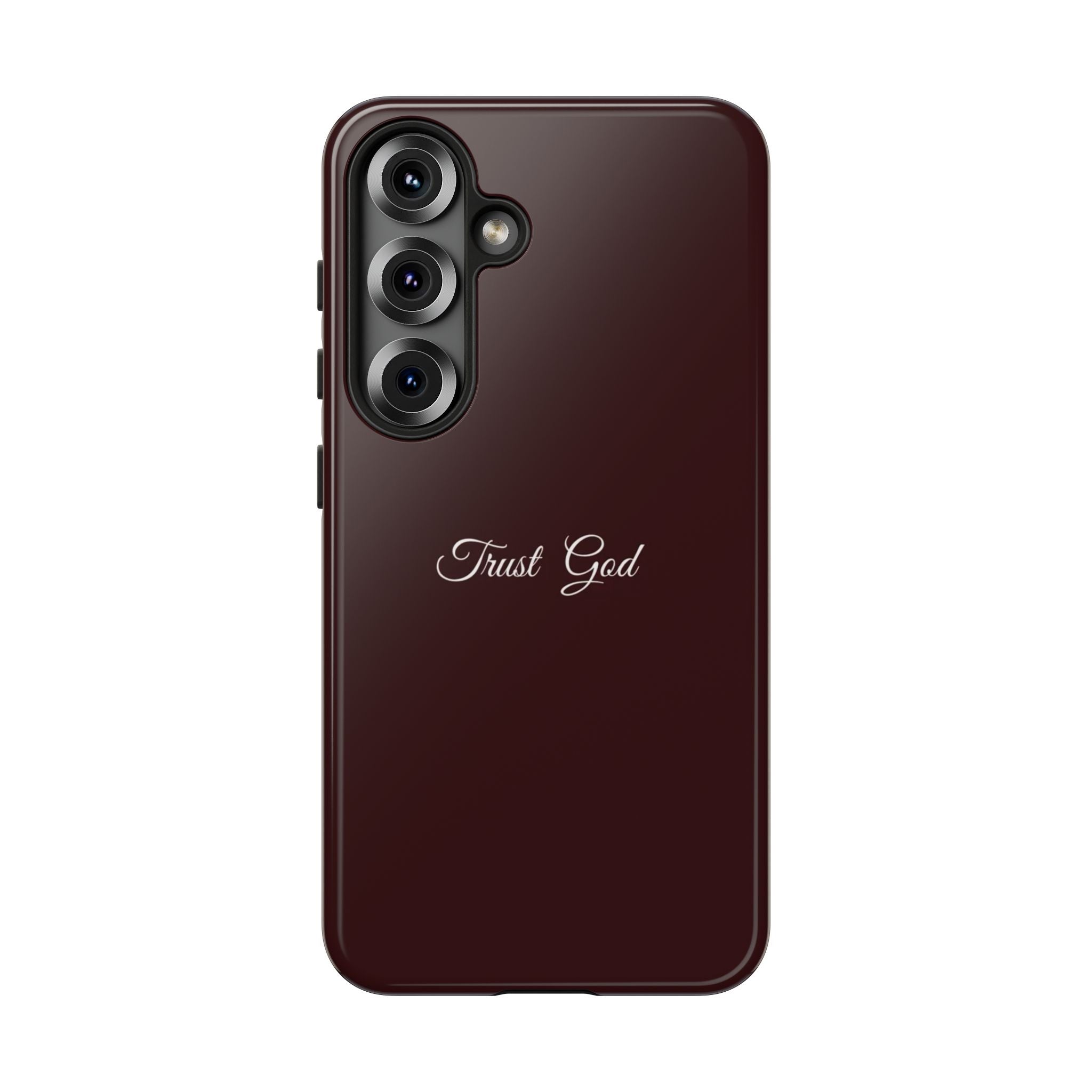 Trust God Tough Phone Case — Maroon Protective iPhone Cover with Script Text