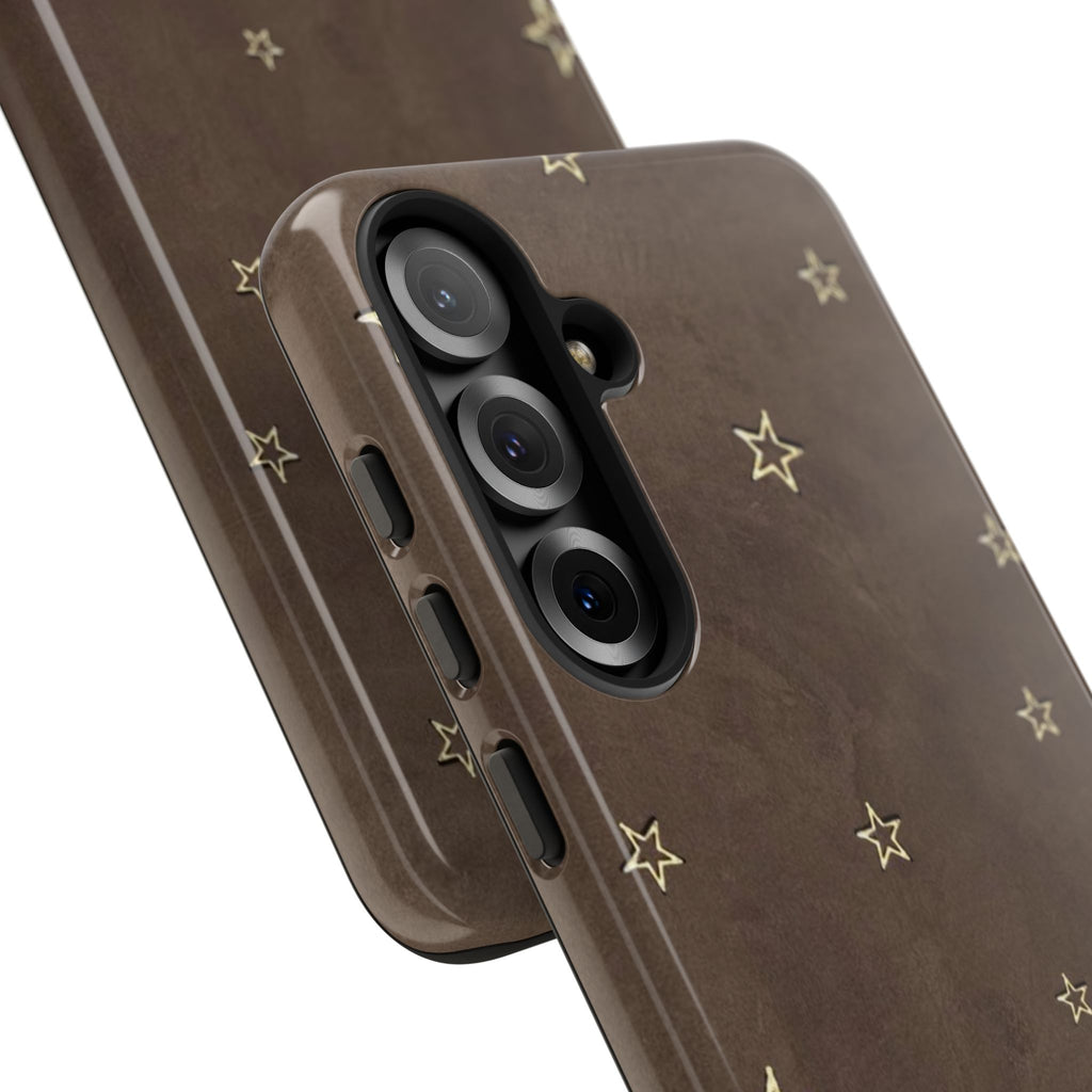 Brown Star Pattern Tough Phone Case – Rugged Leather-Look Protection