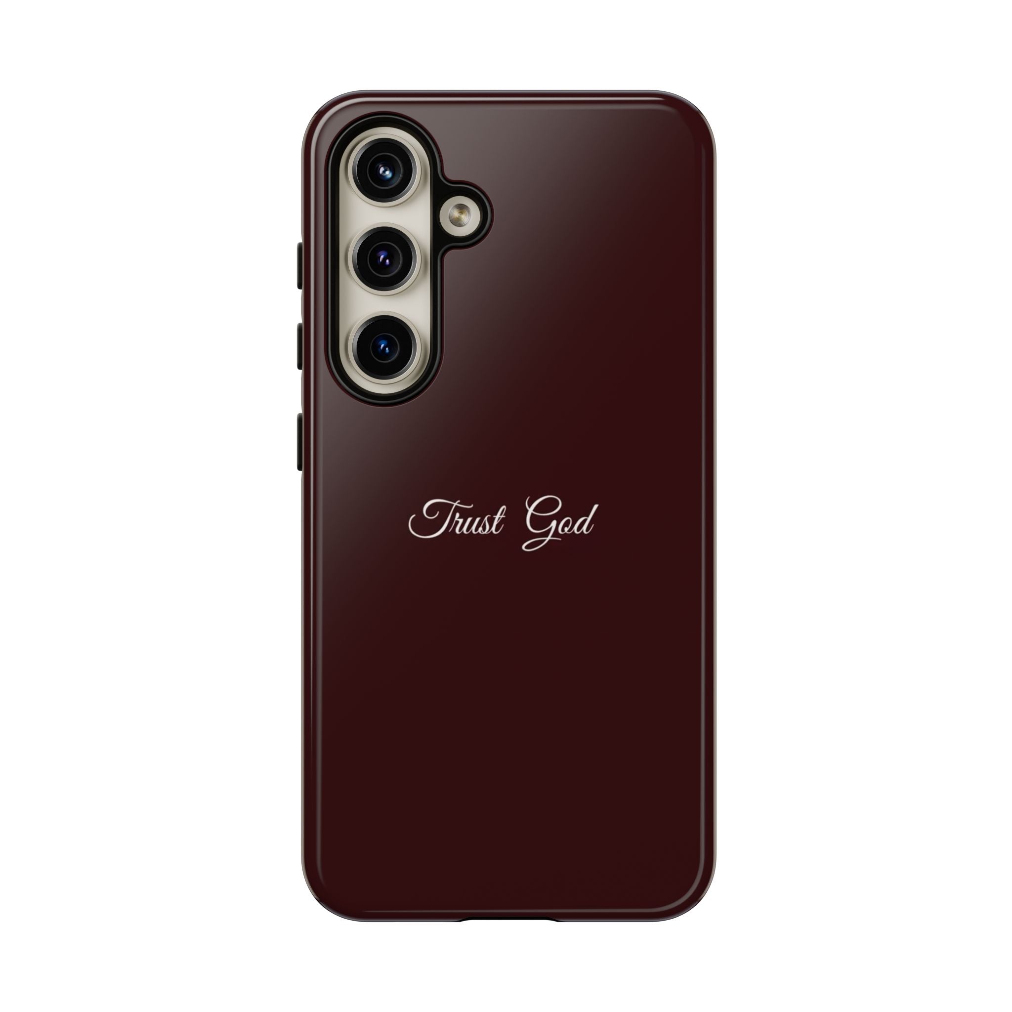 Trust God Tough Phone Case — Maroon Protective iPhone Cover with Script Text