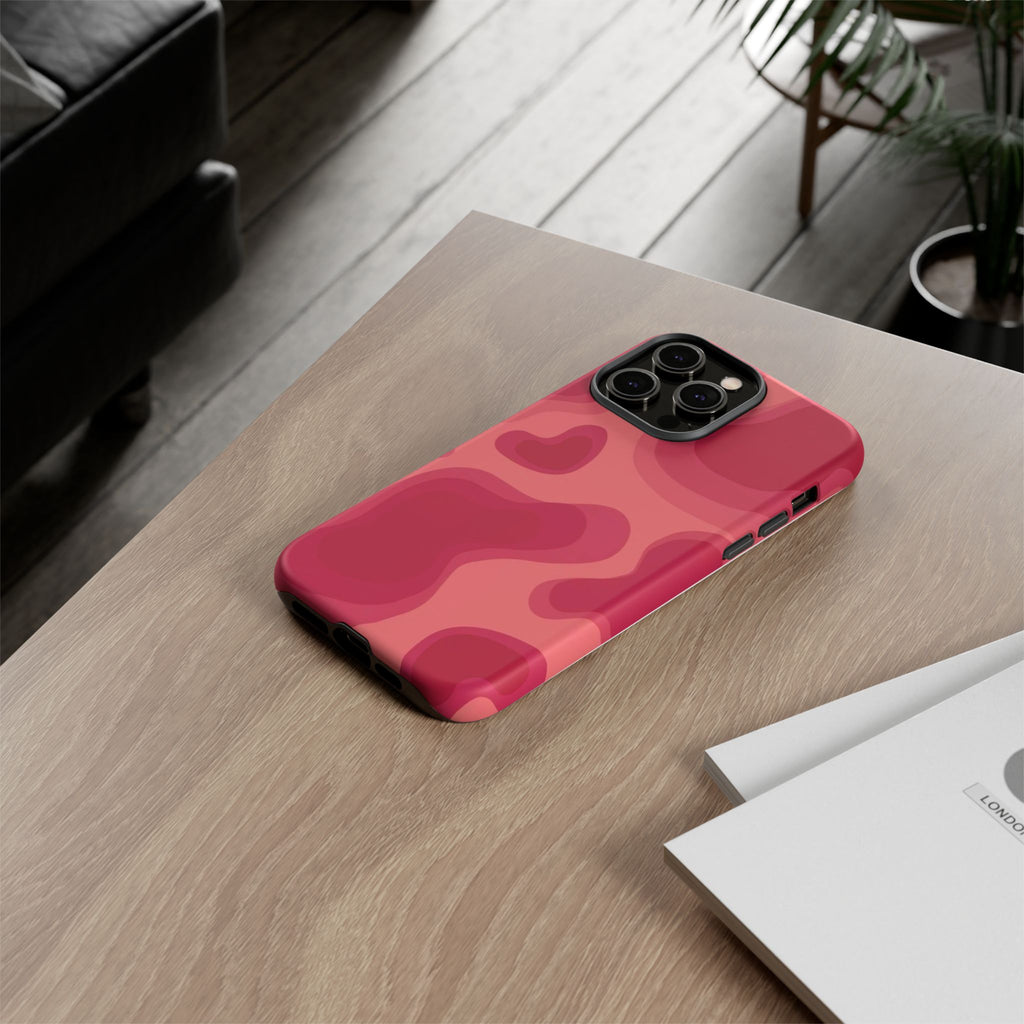 Red Pink Camo iPhone Case — Abstract Heart Pattern Tough Protective Cover