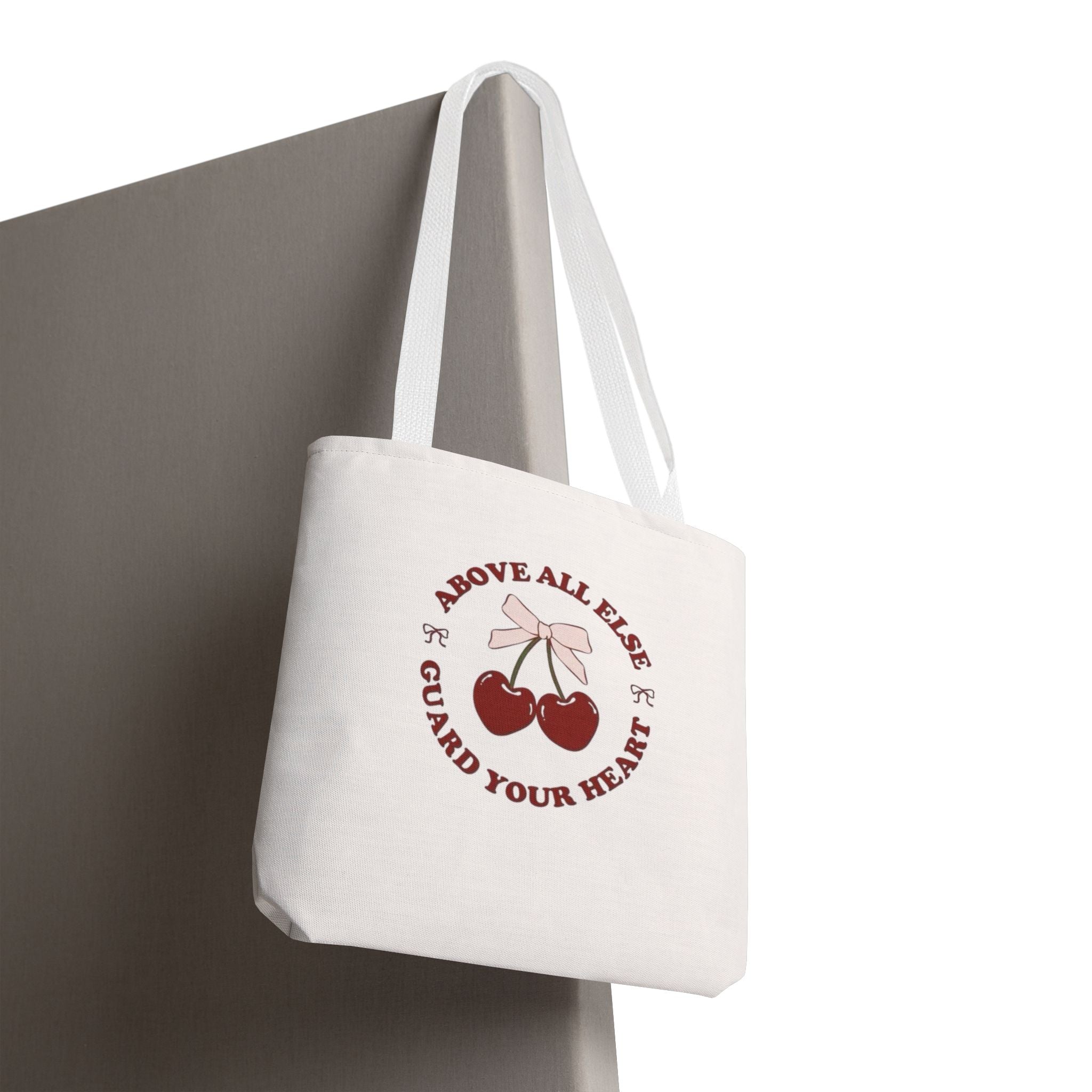 "Above All Else Guard Your Heart" Cherry Graphic Tote Bag