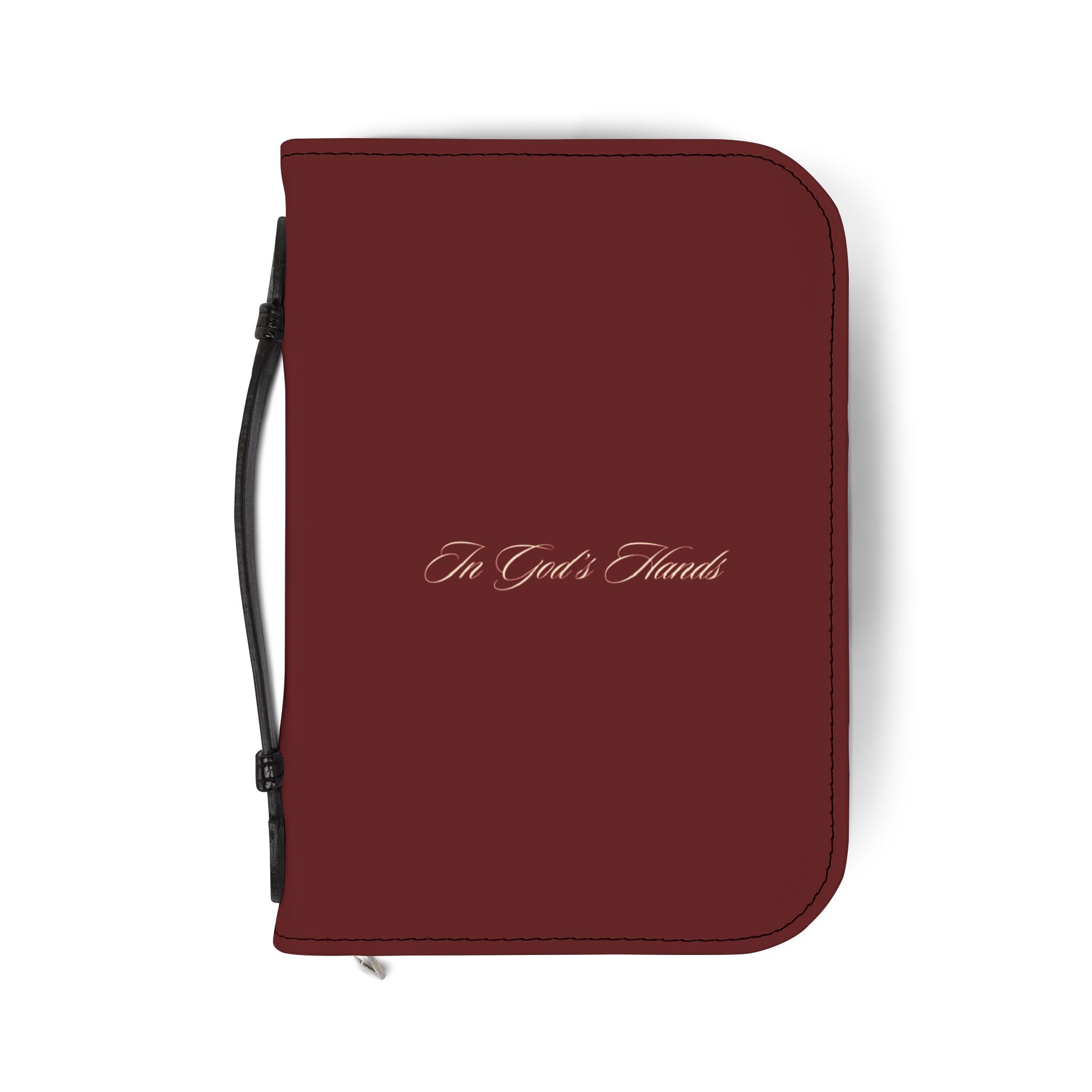 Burgundy Zippered Bible Cover – "In God's Hands" Protective Case with Handle