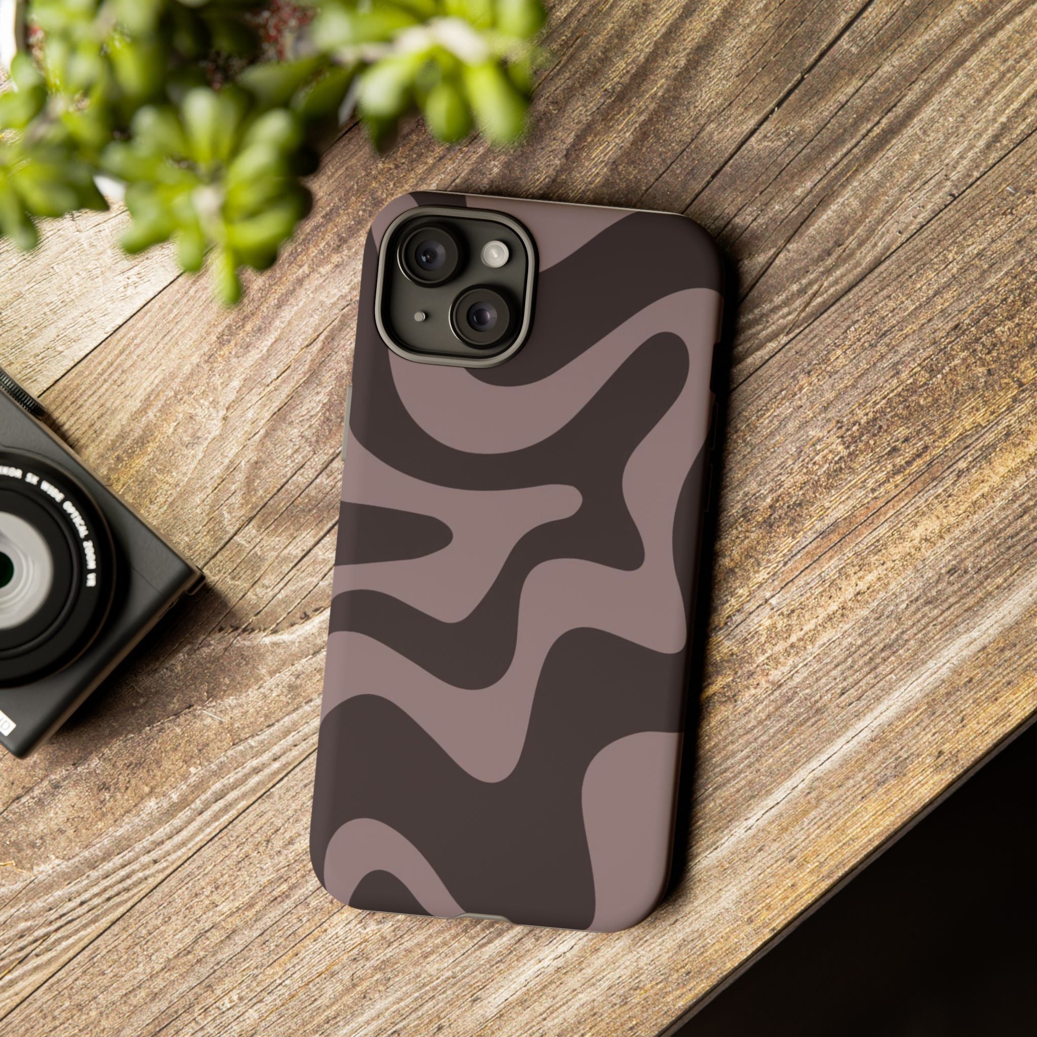 Camouflage Swirl iPhone Case — Matte Brown Abstract Camo Protective Cover